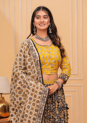 Ziyorah | Blockprinted Black & Yellow Lehanga Choli Set