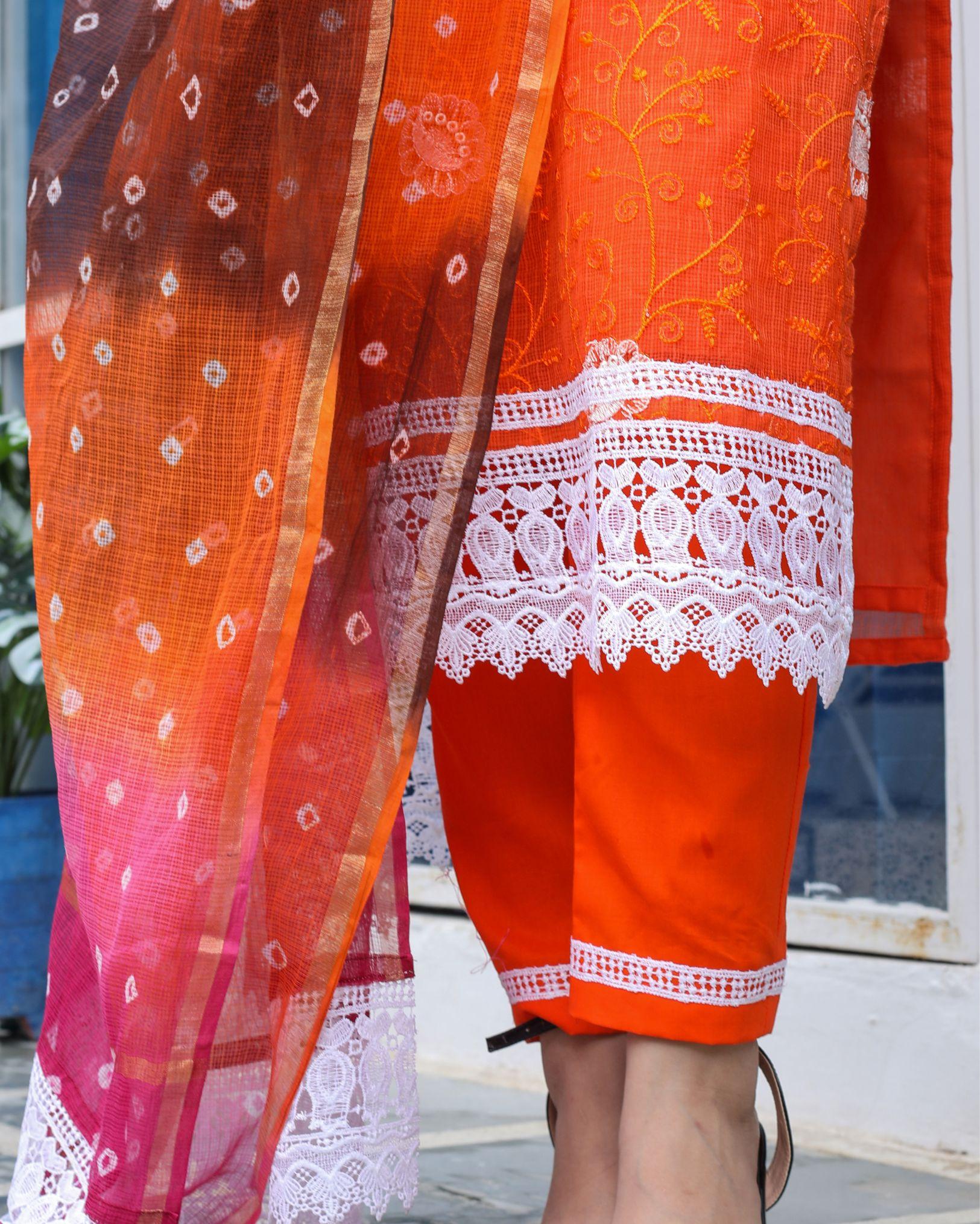 Ziyorah| Kota Doria Orange Suit Stitch Embroidery 3/4Th Sleeve