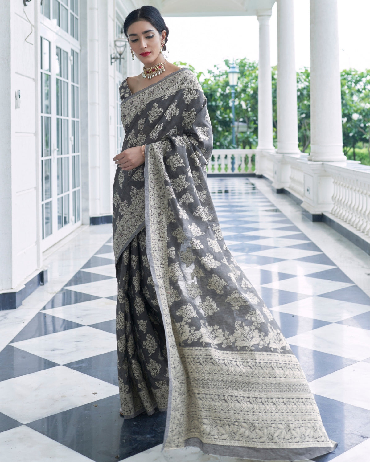 Ziyorah | Pure Silk Chikankari Weaving Gray Saree