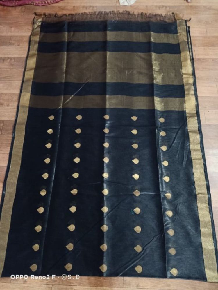 Ziyorah| Silk Linen Handloom Black Saree With Blouse Buta Weaving And Running Blouse