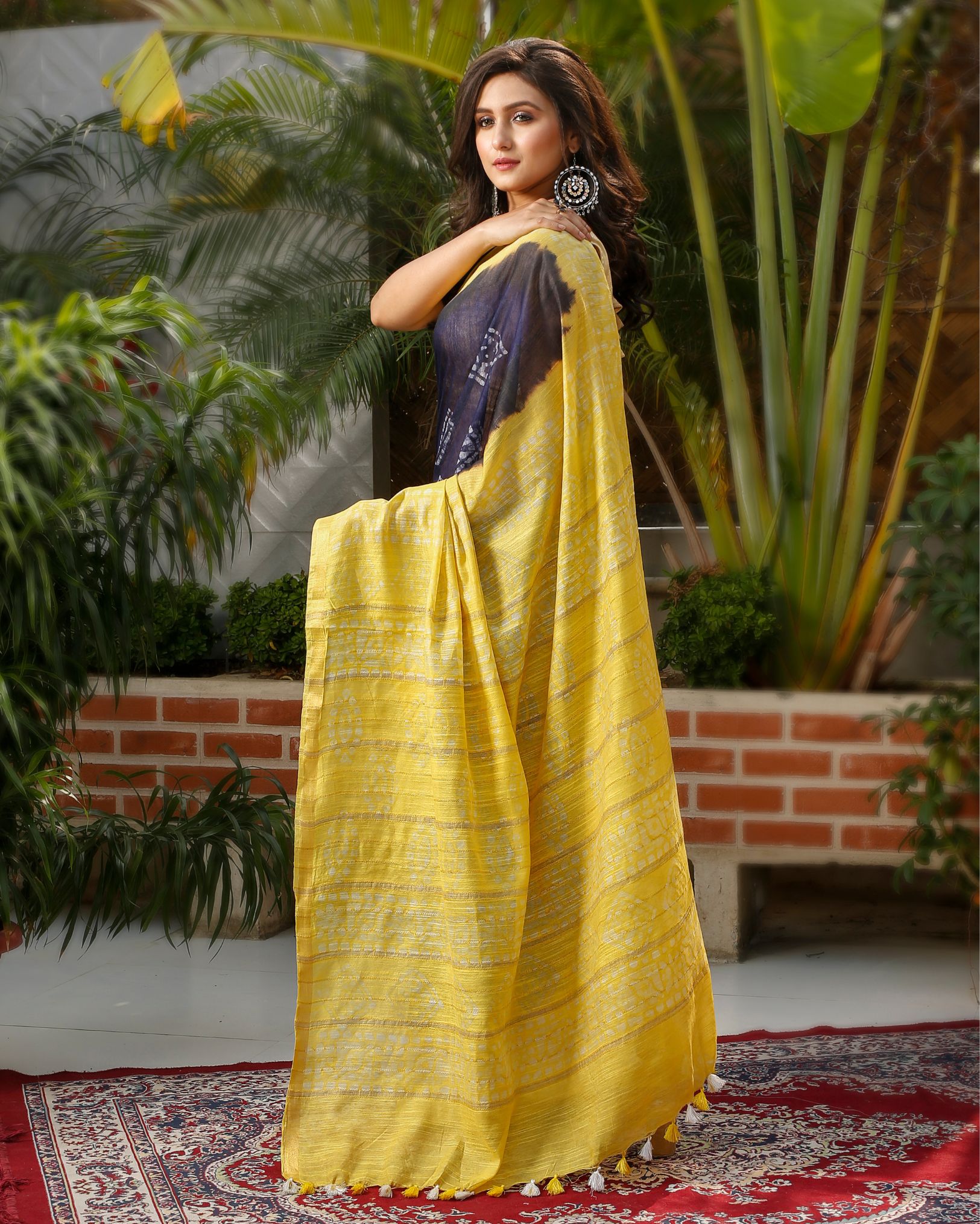 Ziyorah| Kota Silk Saree Dark Purple & Pale Yellow Double Color Batik Print With Running Blouse