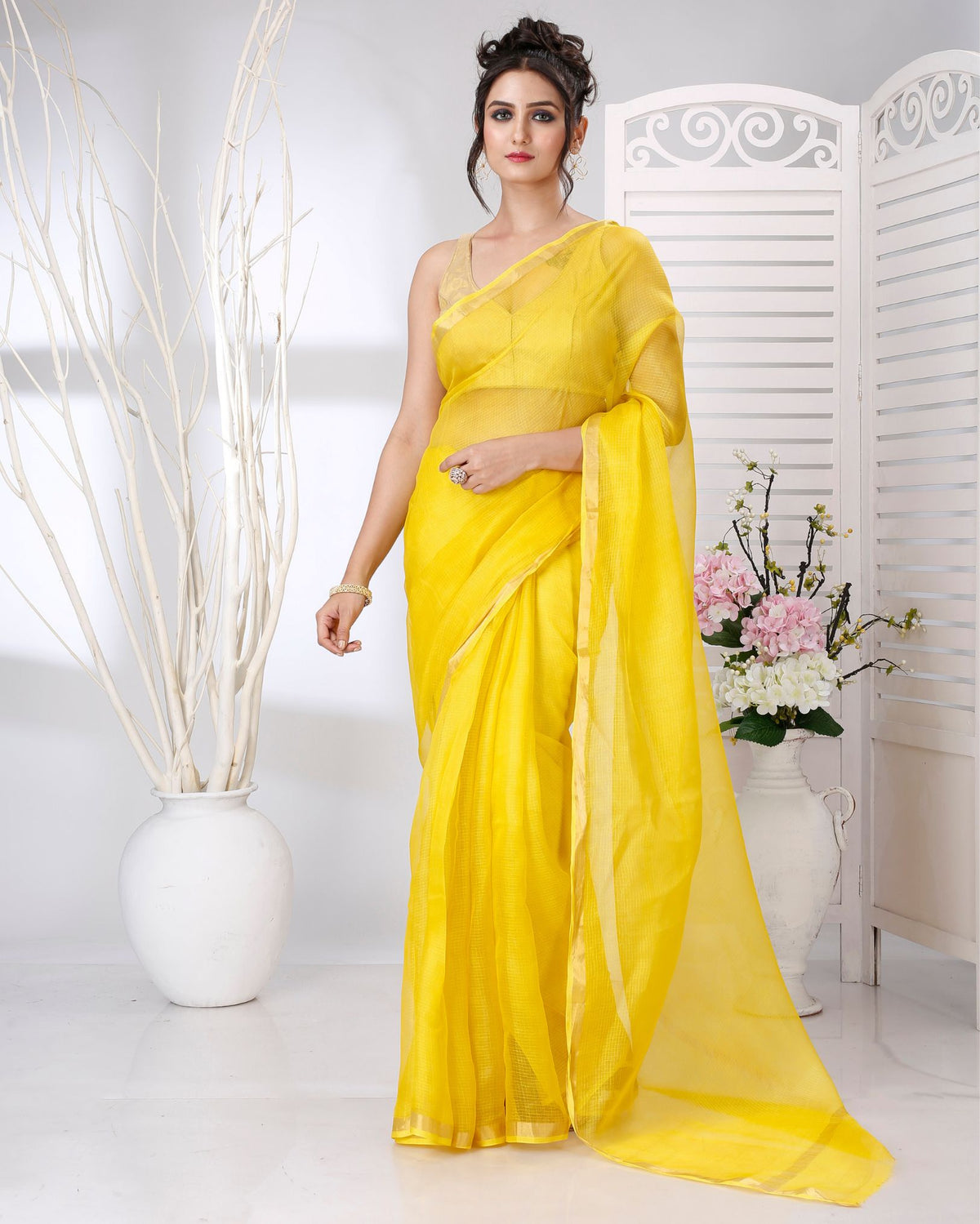 Ziyorah | Kota Silk Yellow Saree Plain With Running Blouse