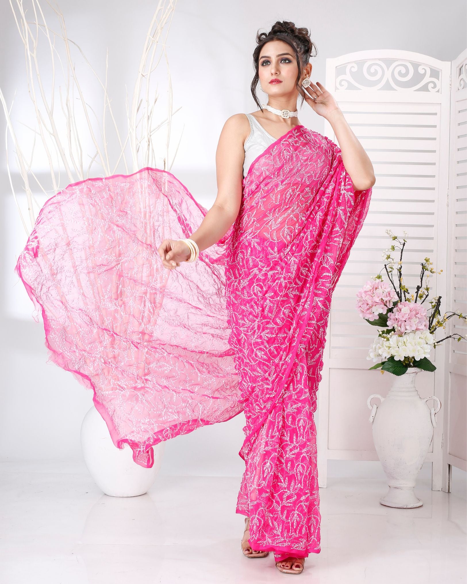 Ziyorah | Georgette Handcrafted Saree Dark Pink Color Tepchi Work With Running Blouse