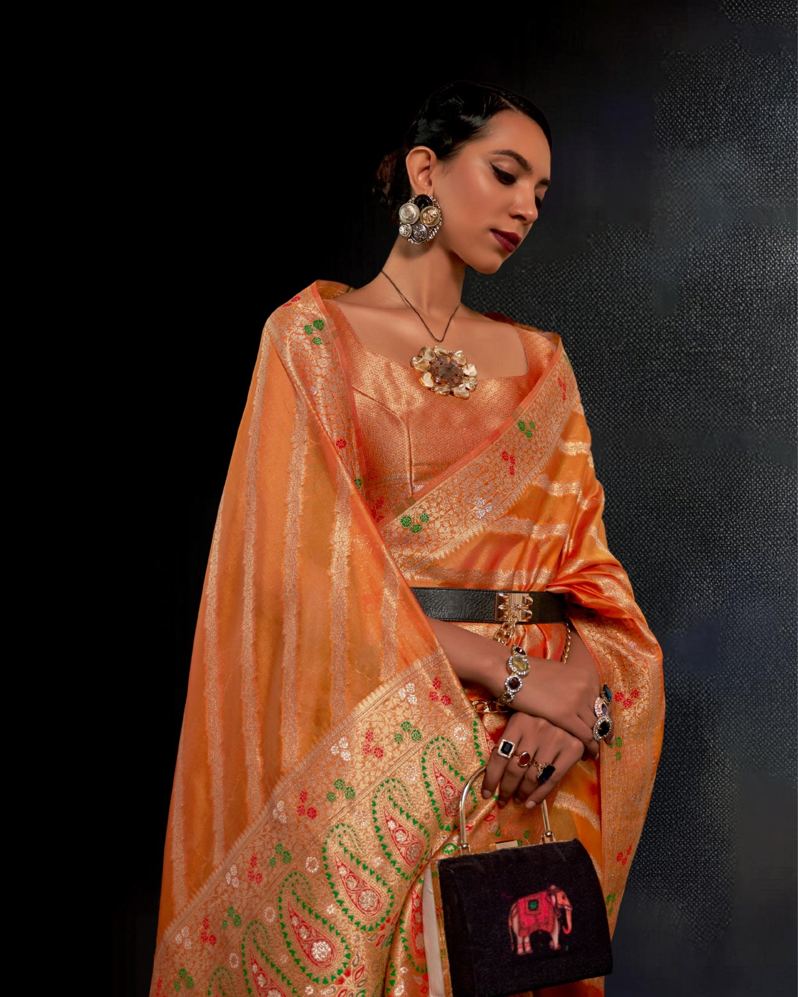 Ziyorah|Organza Silk Meenakari Weaving Orange Saree|Stunning