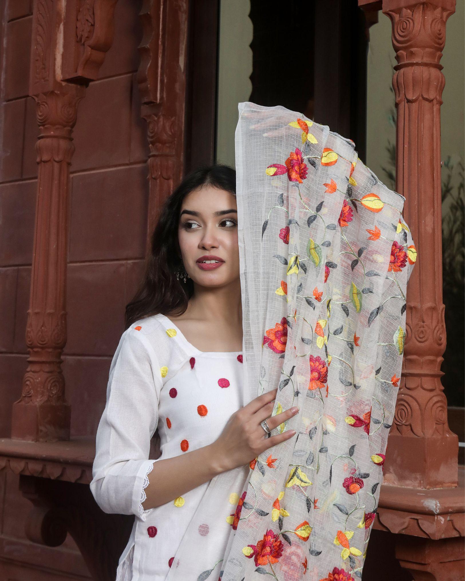 Ziyorah| Kota Doria White Suit Stitch Embroidery 3/4Th Sleeve