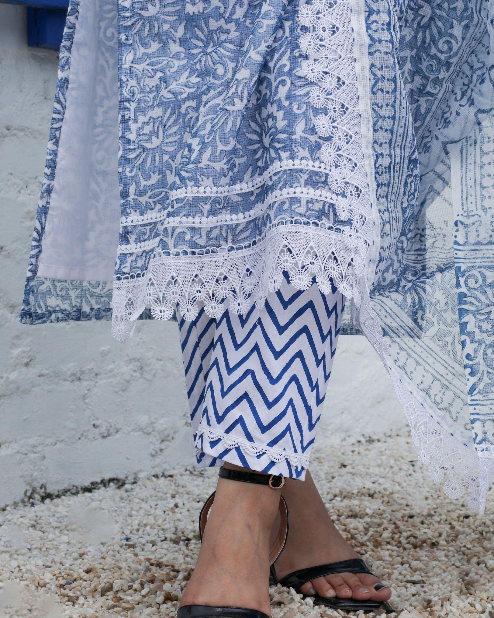 Ziyorah| Kota Doria Blue Suit Handblock Print 3/4Th Sleeve