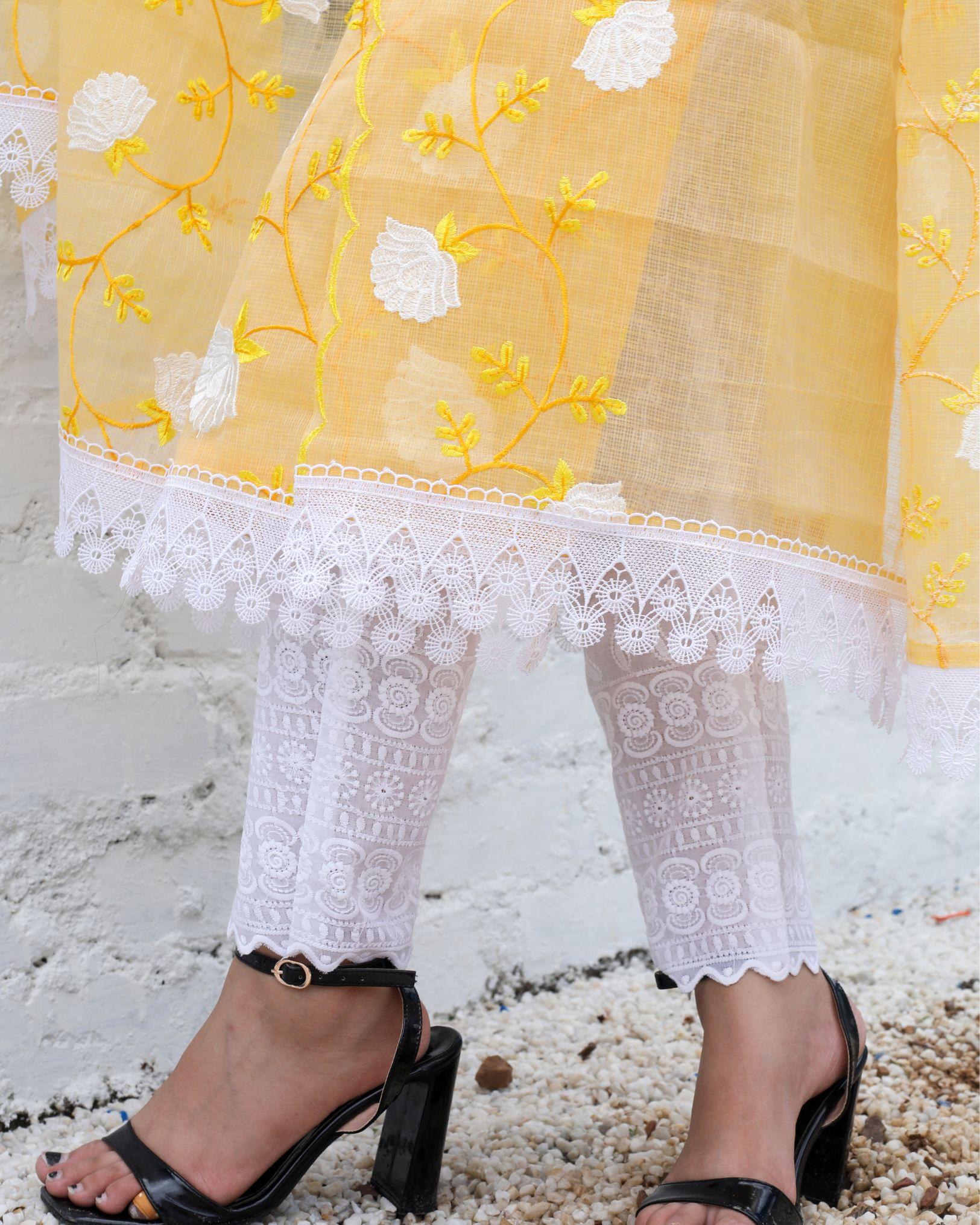 Ziyorah| Kota Doria Pastel Yellow Suit Stitch Embroidery Half Sleeve