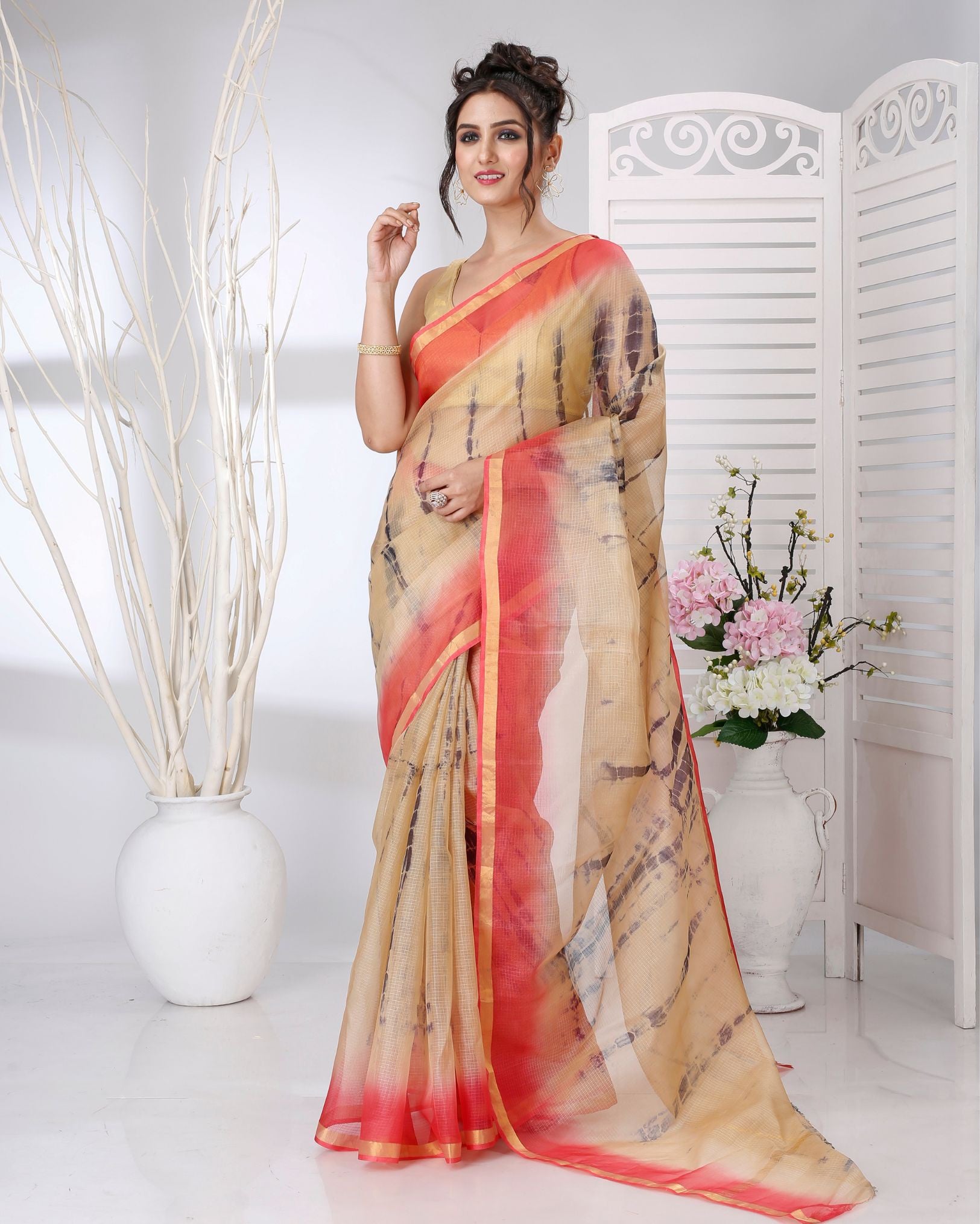 Ziyorah | Kota Doria Beige Saree Shibori Tye Dye With Running Blouse