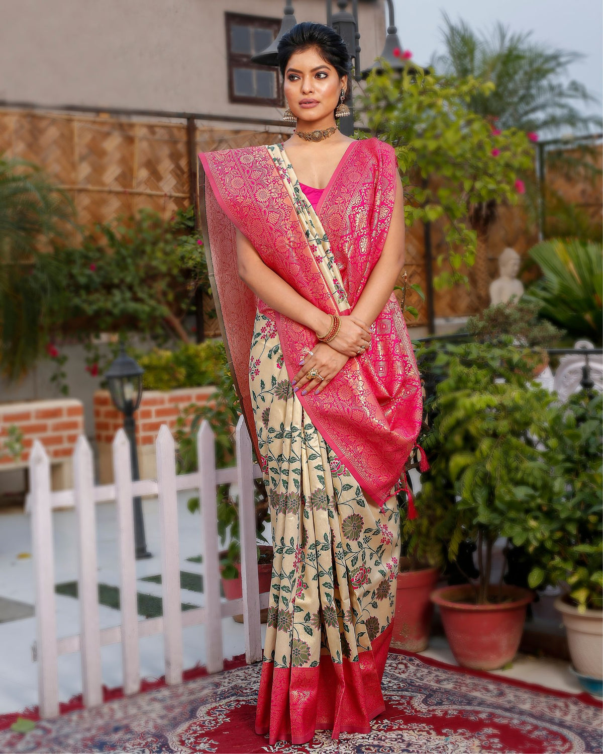 Ziyorah| Banarasi Silk Saree Beige & Pink Color With Rani Pink Pallu And Blouse