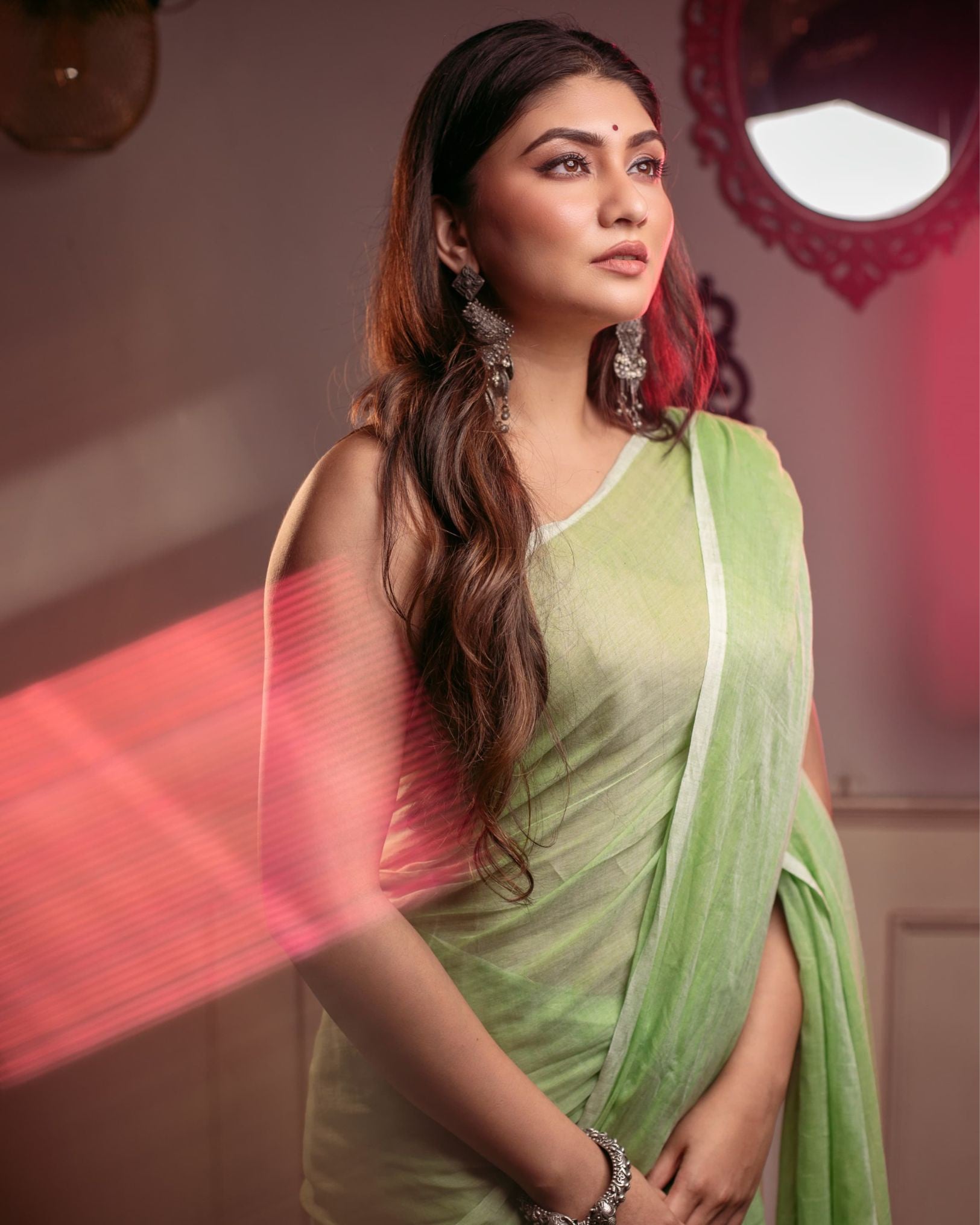 Ziyorah | Mul Cotton Plain Saree Green with Tassel