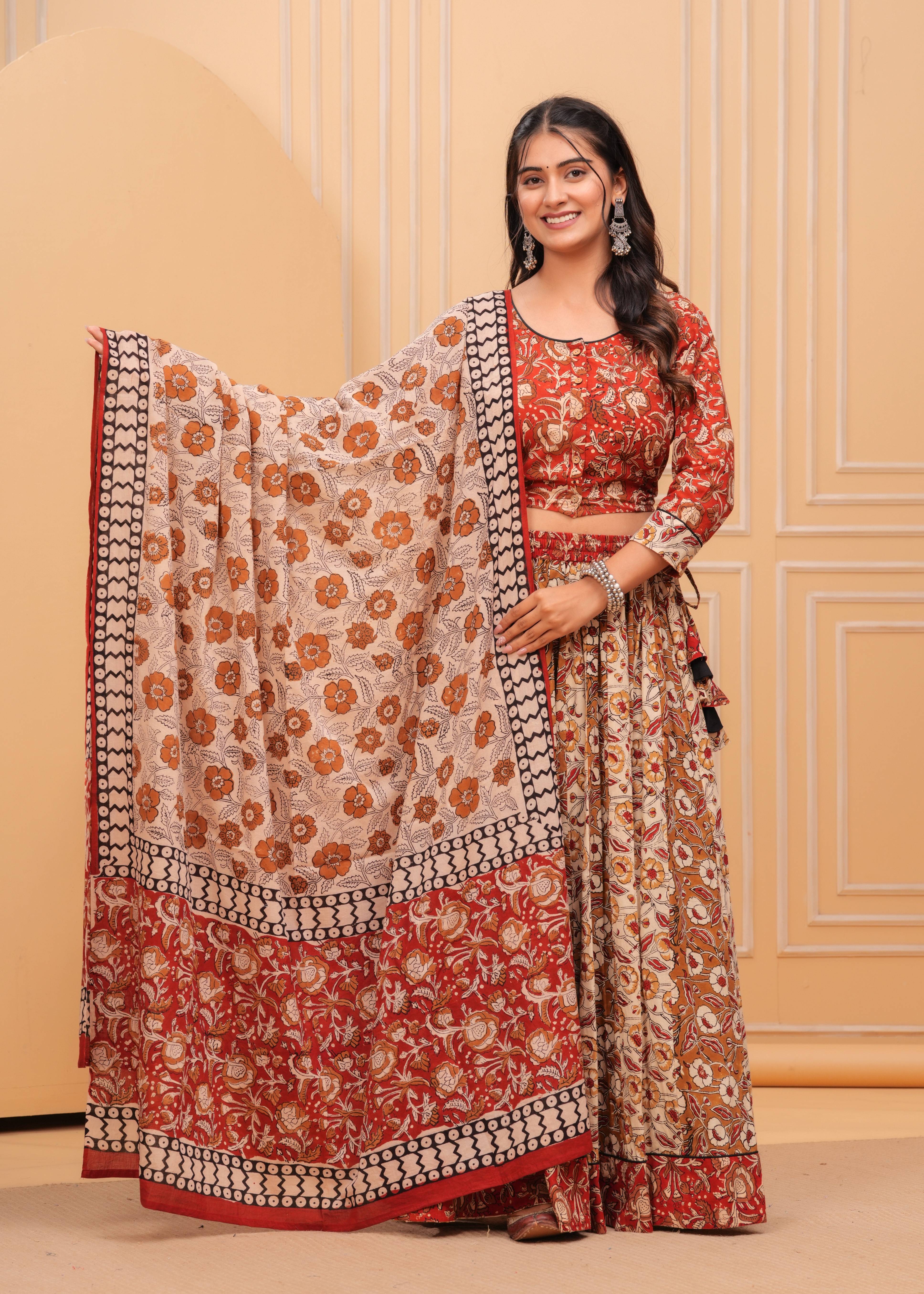 Ziyorah | Blockprinted Brown Lehanga Choli Set