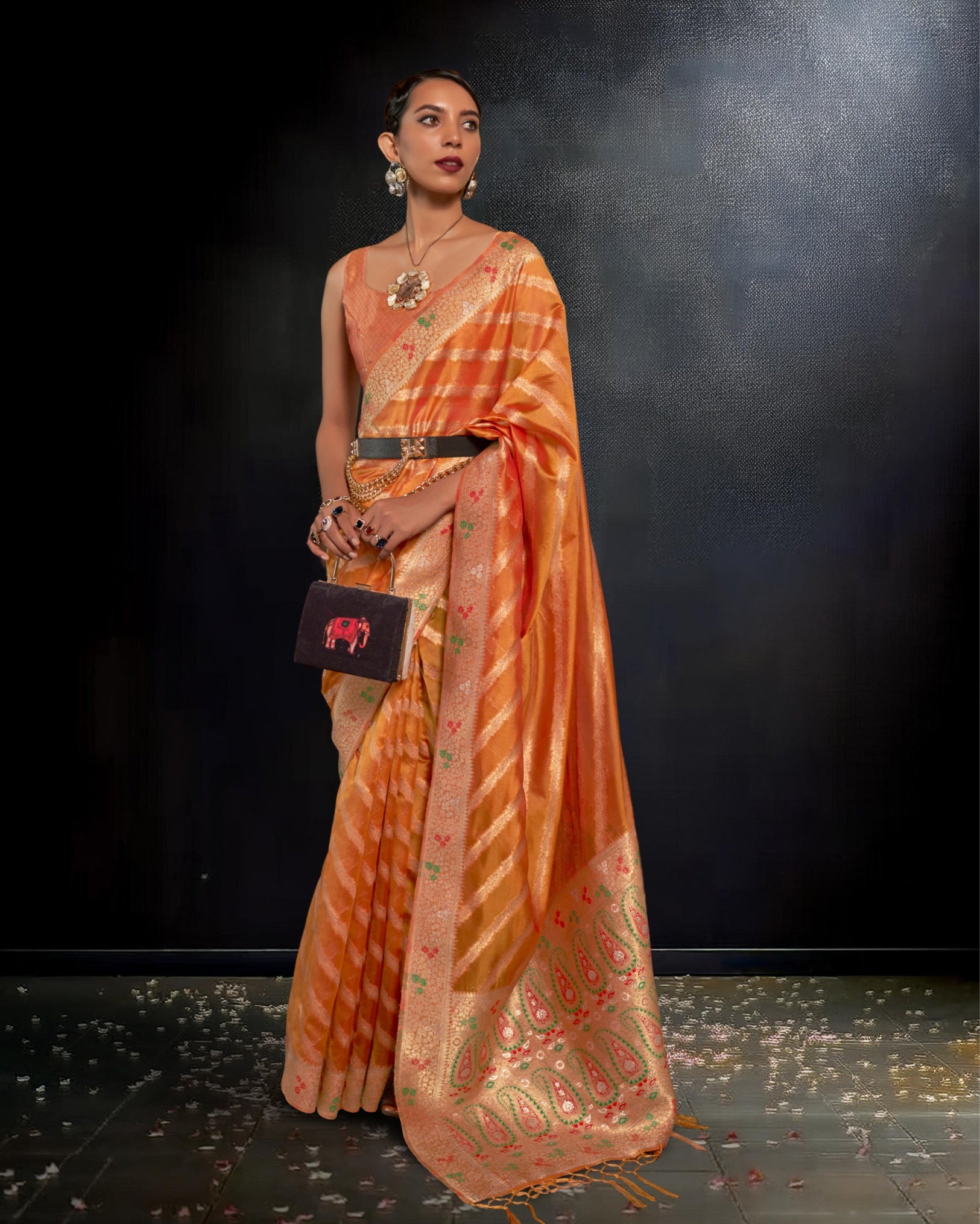 Ziyorah|Organza Silk Meenakari Weaving Orange Saree|Stunning