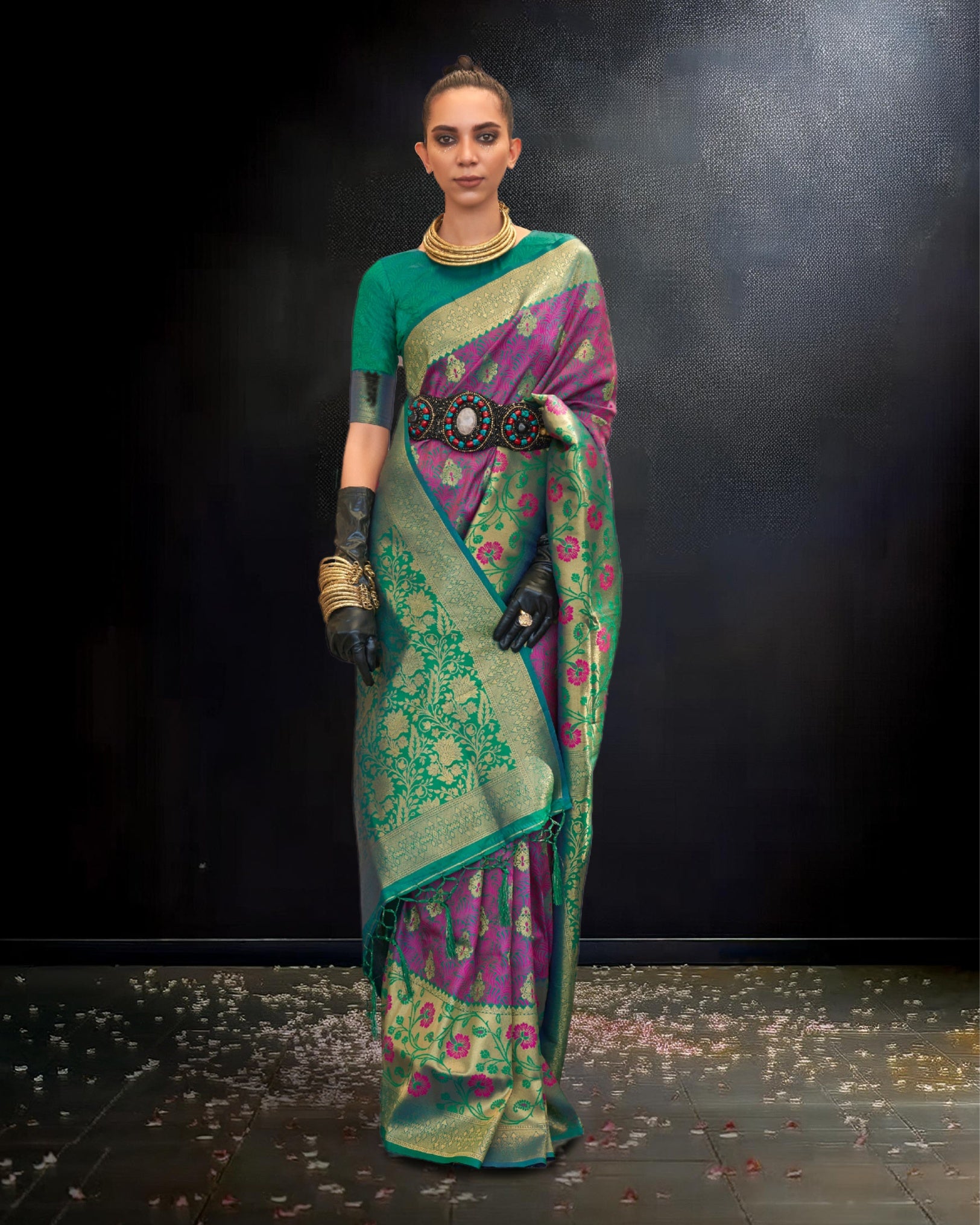 Ziyorah | Banarasi Silk Self Weaving Purple & Green Saree