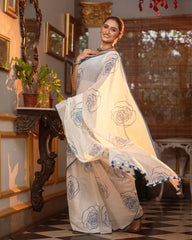 Ziyorah | Mul Cotton Printed Saree White & Blue