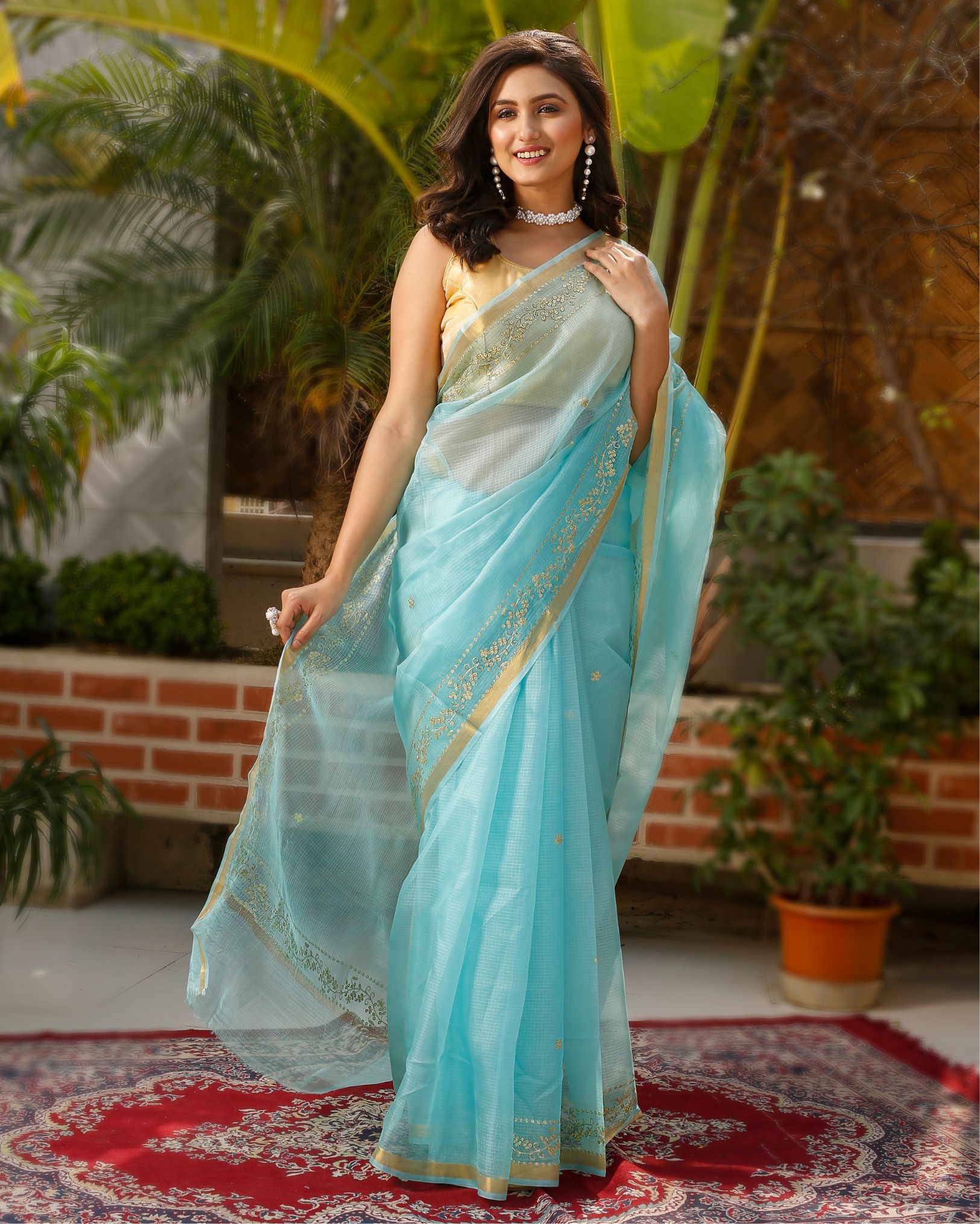 Ziyorah| Pure Silk Kota Doria Saree Sky Blue Color Allover Hand Pitta Work With Running Blouse