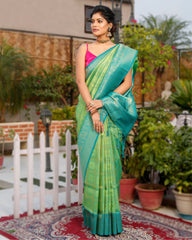 Ziyorah| Kanjivaram Silk Saree Plae Green & Teal Blue Color With Running Blouse