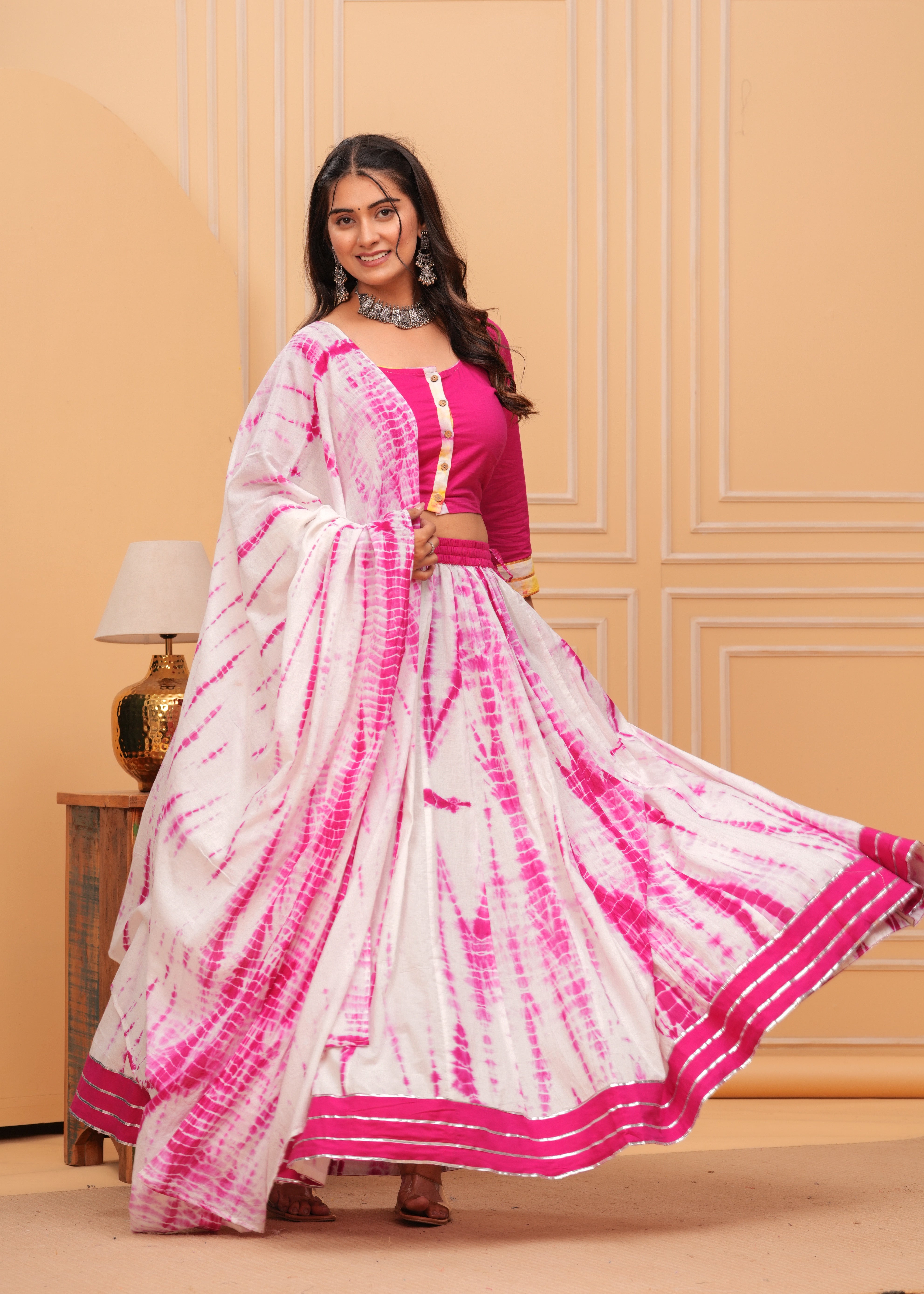 Ziyorah | Blockprinted Pink & White Lehanga Choli Set