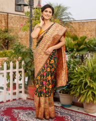 Ziyorah| Banarasi Silk Saree Dark Green Color With Contrast Pallu And Blouse