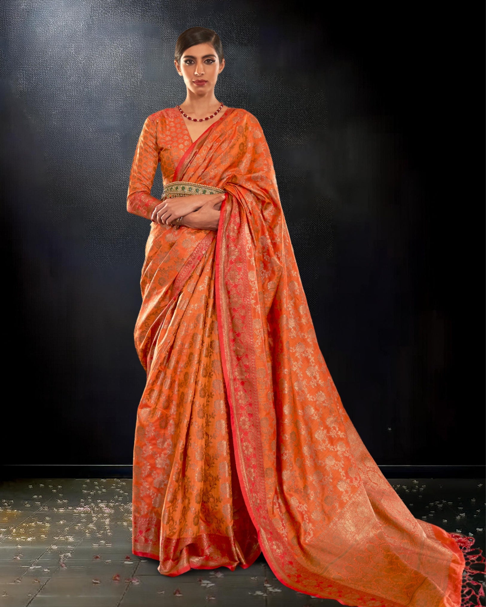 Ziyorah | Karivaa Silk Banarasi Brocade Orange Saree