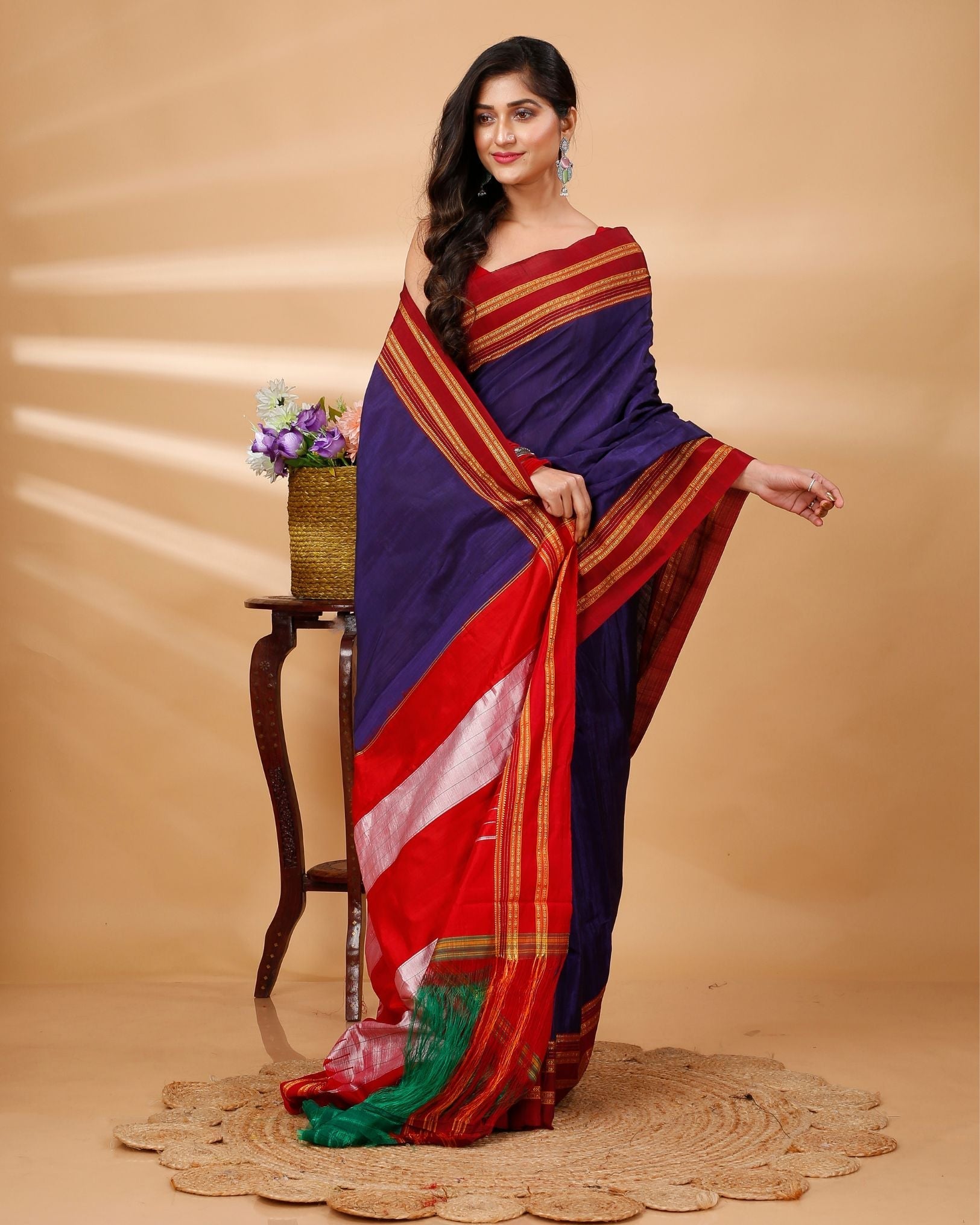 Ziyorah| Ilkal Handloom Cotton Silk Saree Dark Indigo Color With Running Blouse