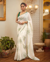 Ziyorah | Mul Cotton Printed Saree White & Green