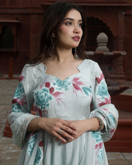 Ziyorah| Organza Grey Suit Hand Painted Three Quarter Length Sleeve