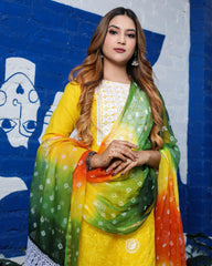 Ziyorah| Kota Doria Yellow Suit Stitch Embroidery 3/4Th Sleeve