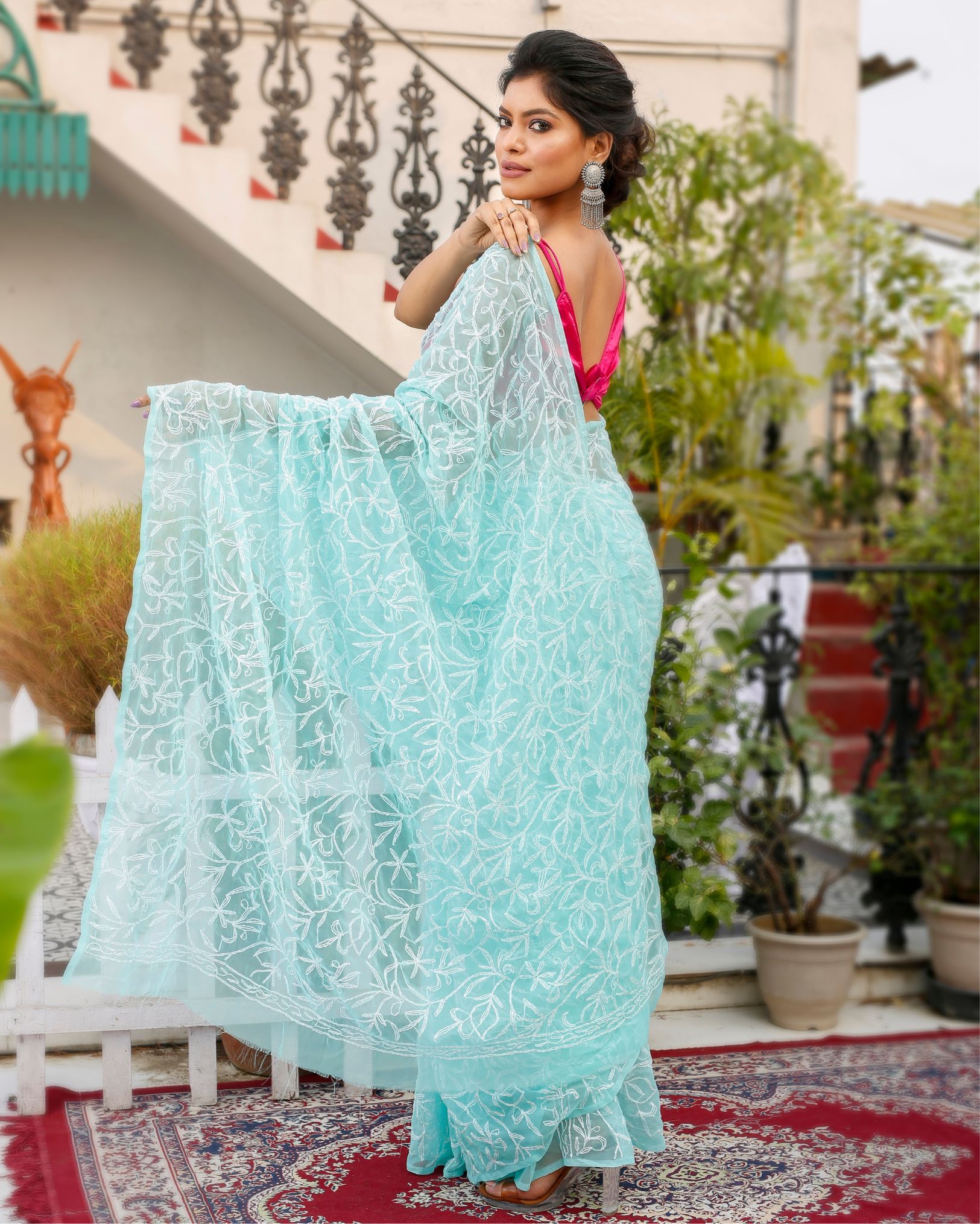 Ziyorah| Georgette Handcrafted Saree Light Blue Color Tepchi Work With Running Blouse