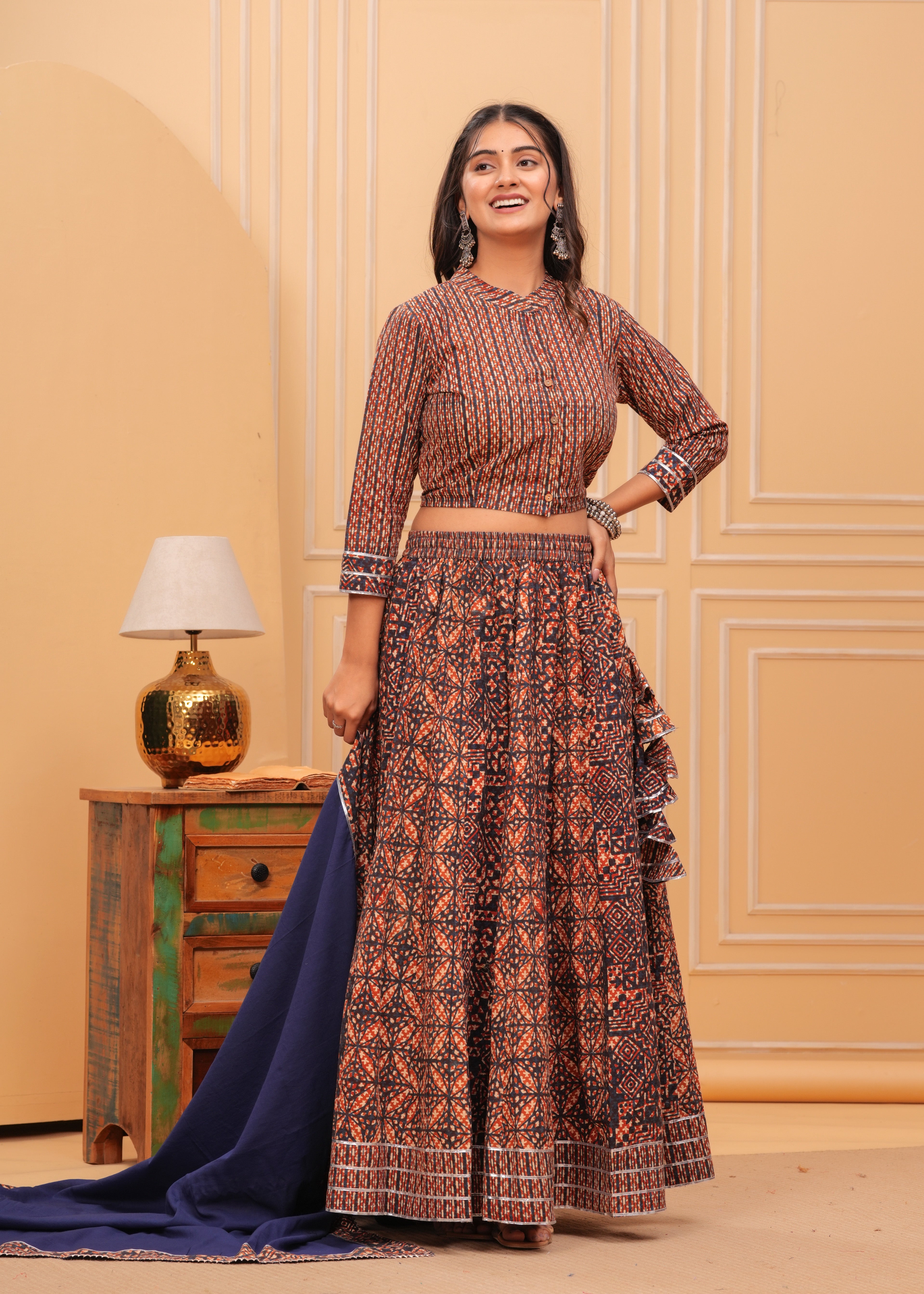 Ziyorah | Blockprinted Brown & Blue Lehanga Choli Set