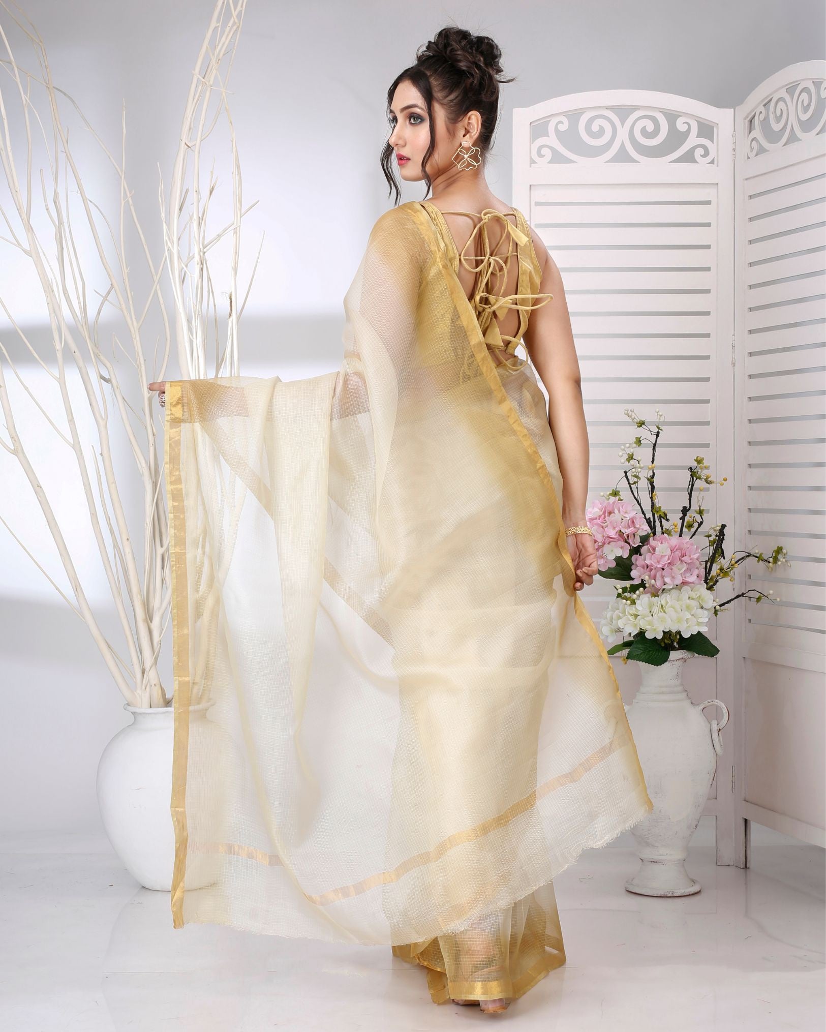 Ziyorah | Kota Silk Off White Saree Plain With Running Blouse