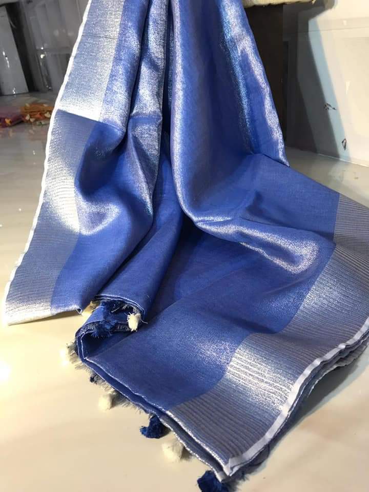 Ziyorah| Hand Dyed Pure Tissue Linen Dark Blue Color Saree With Running Blouse