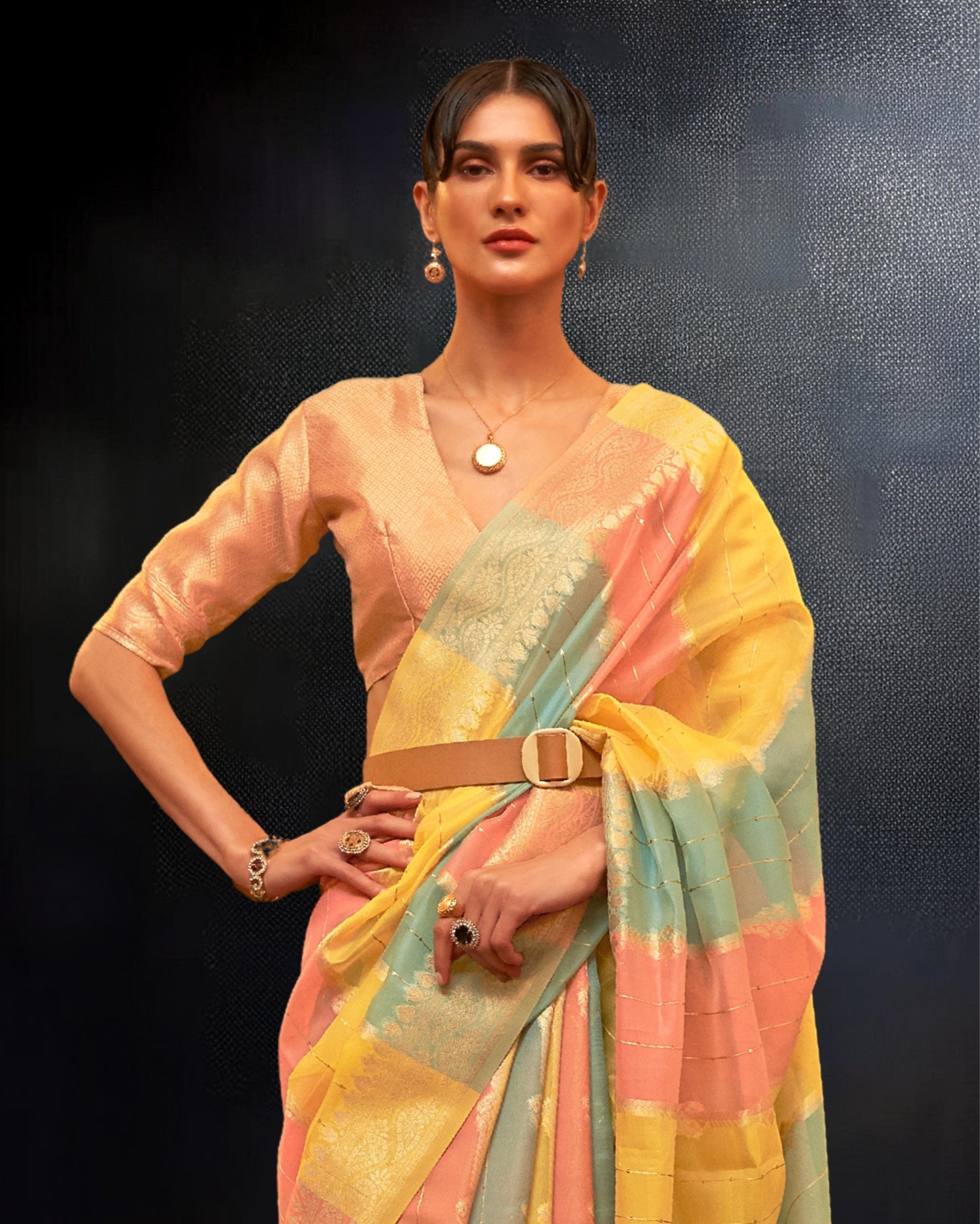 Ziyorah | Organza Banarasi Silk Pink & Yellow Saree