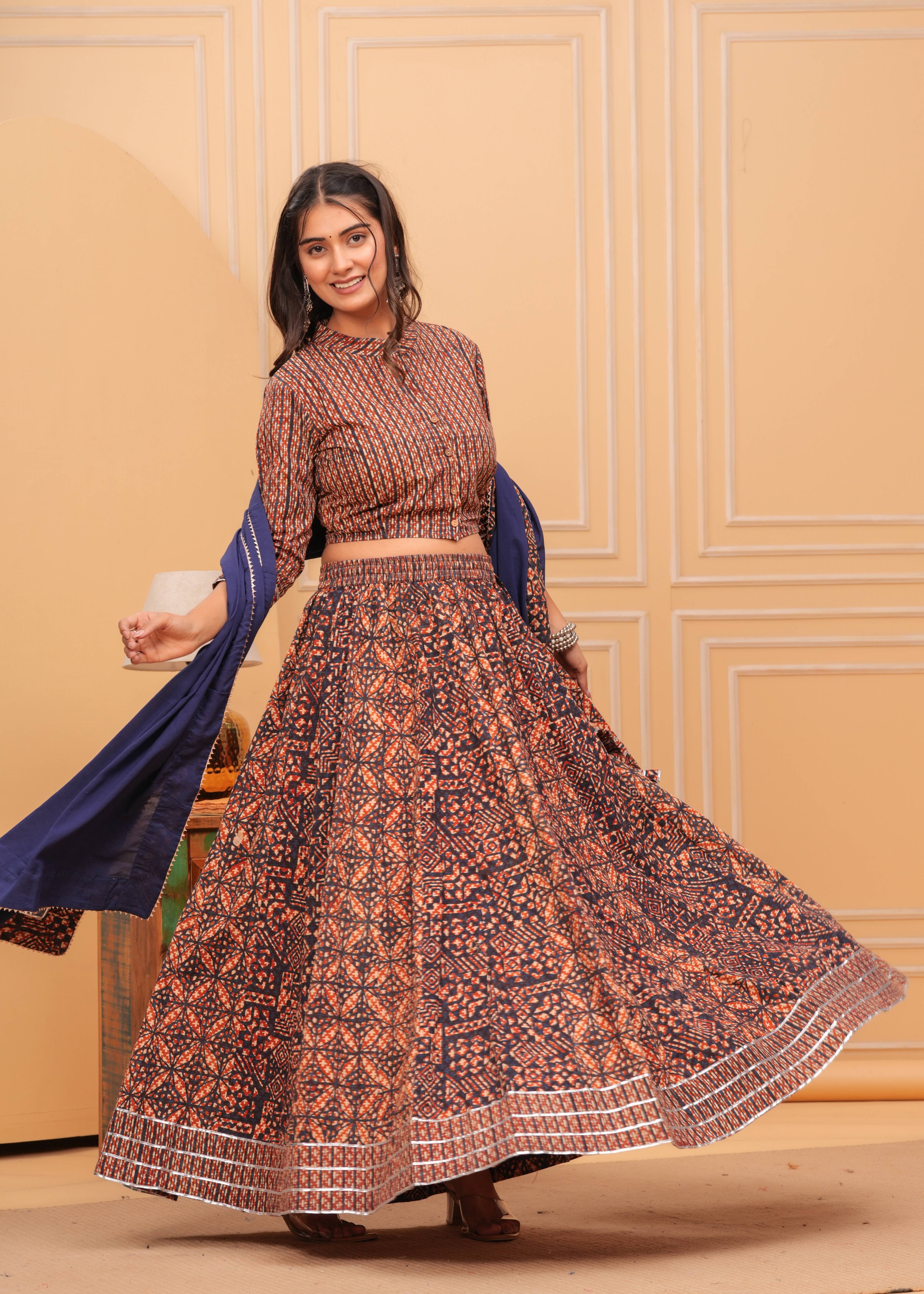 Ziyorah | Blockprinted Brown & Blue Lehanga Choli Set