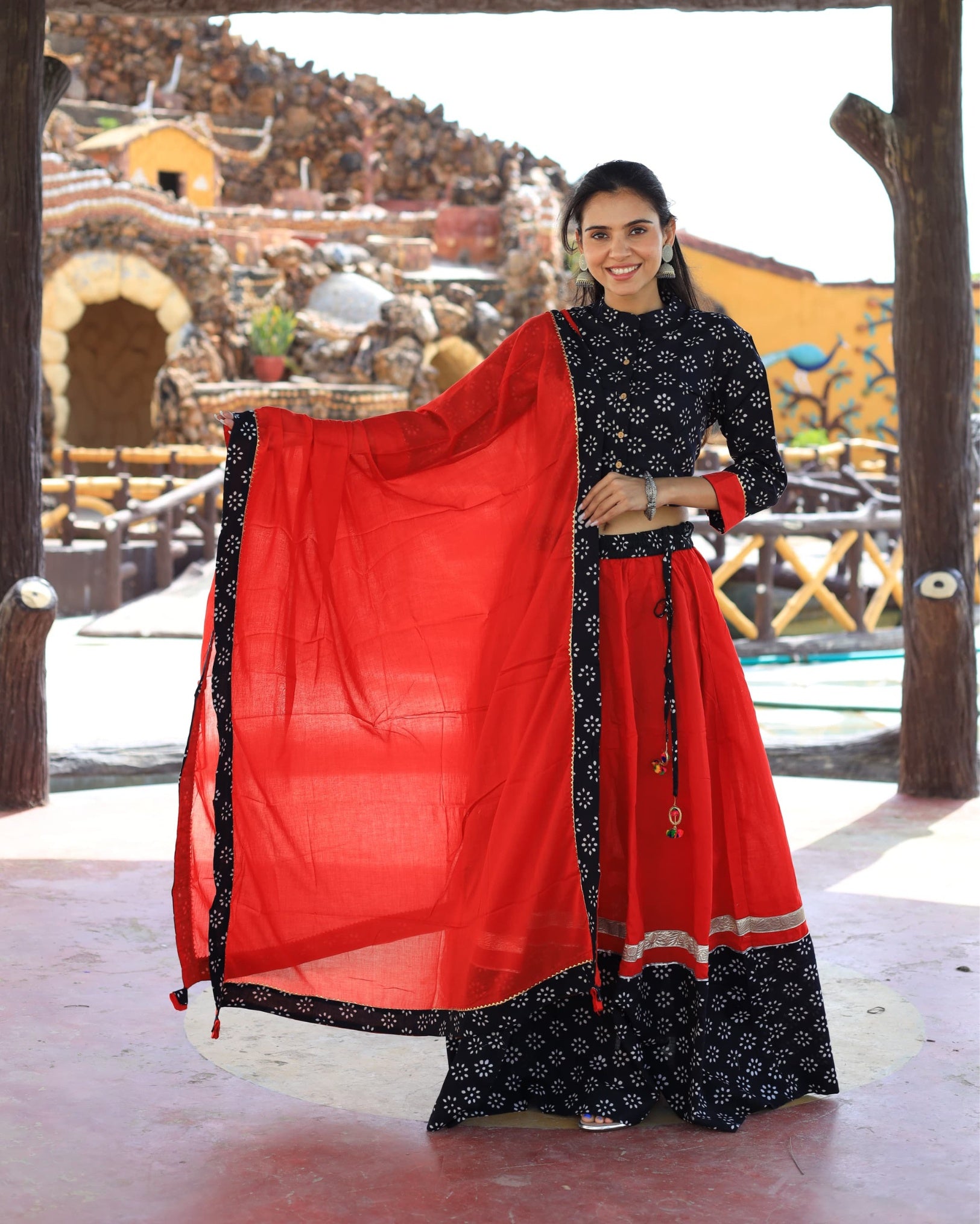 Ziyorah | Blockprinted Cotton Black & Red Lehanga Choli Set