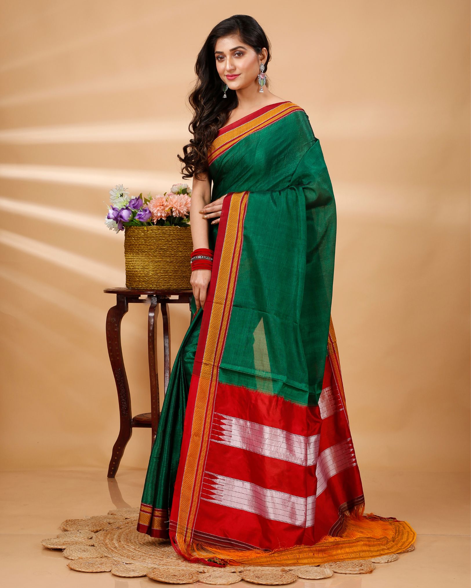 Ziyorah| Ilkal Handloom Cotton Silk Saree Dark Green Color With Running Blouse