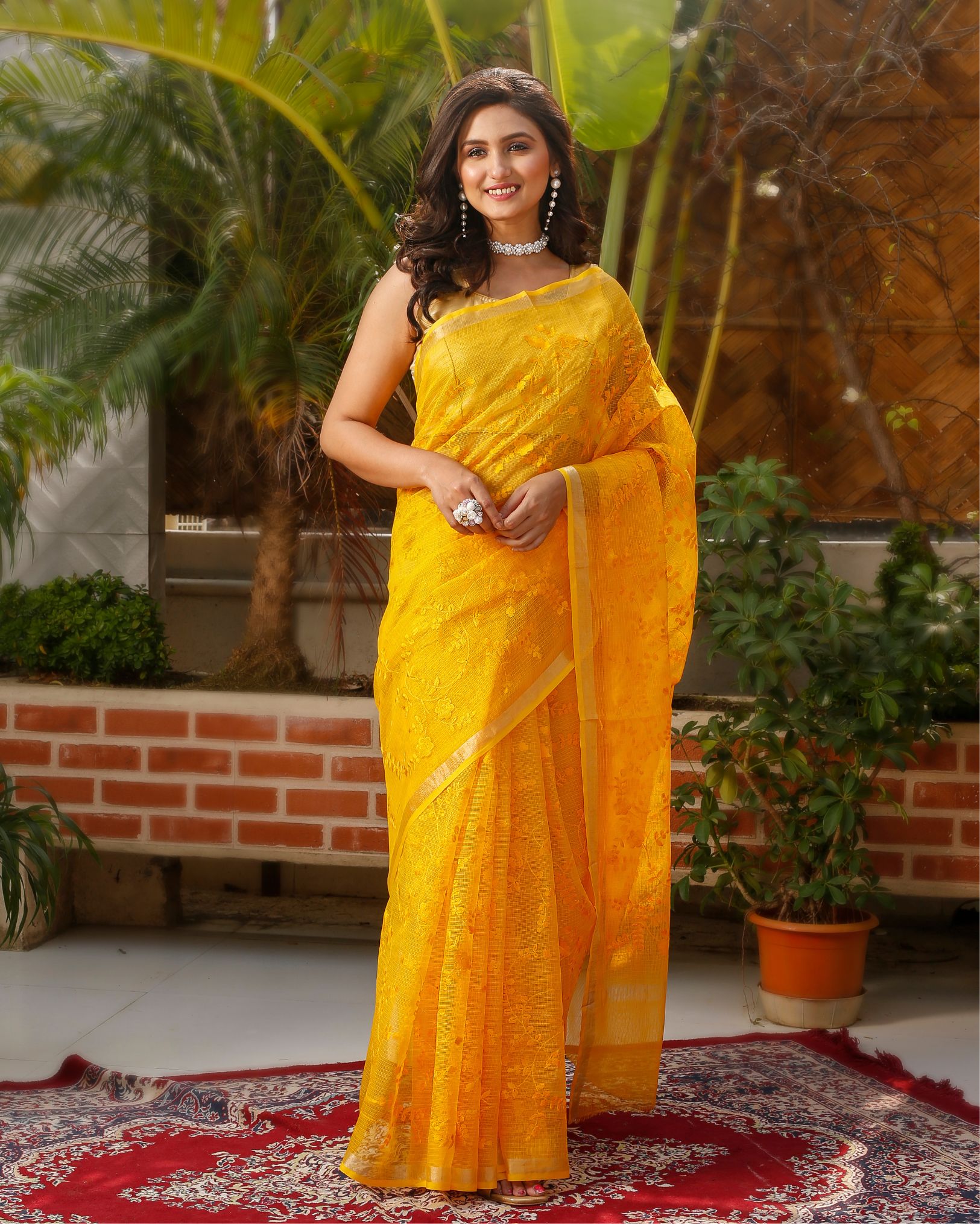 Ziyorah| Pure Cotton Kota Doria Saree Goldenrod Yellow Color Jaal Embroidery With Running Blouse