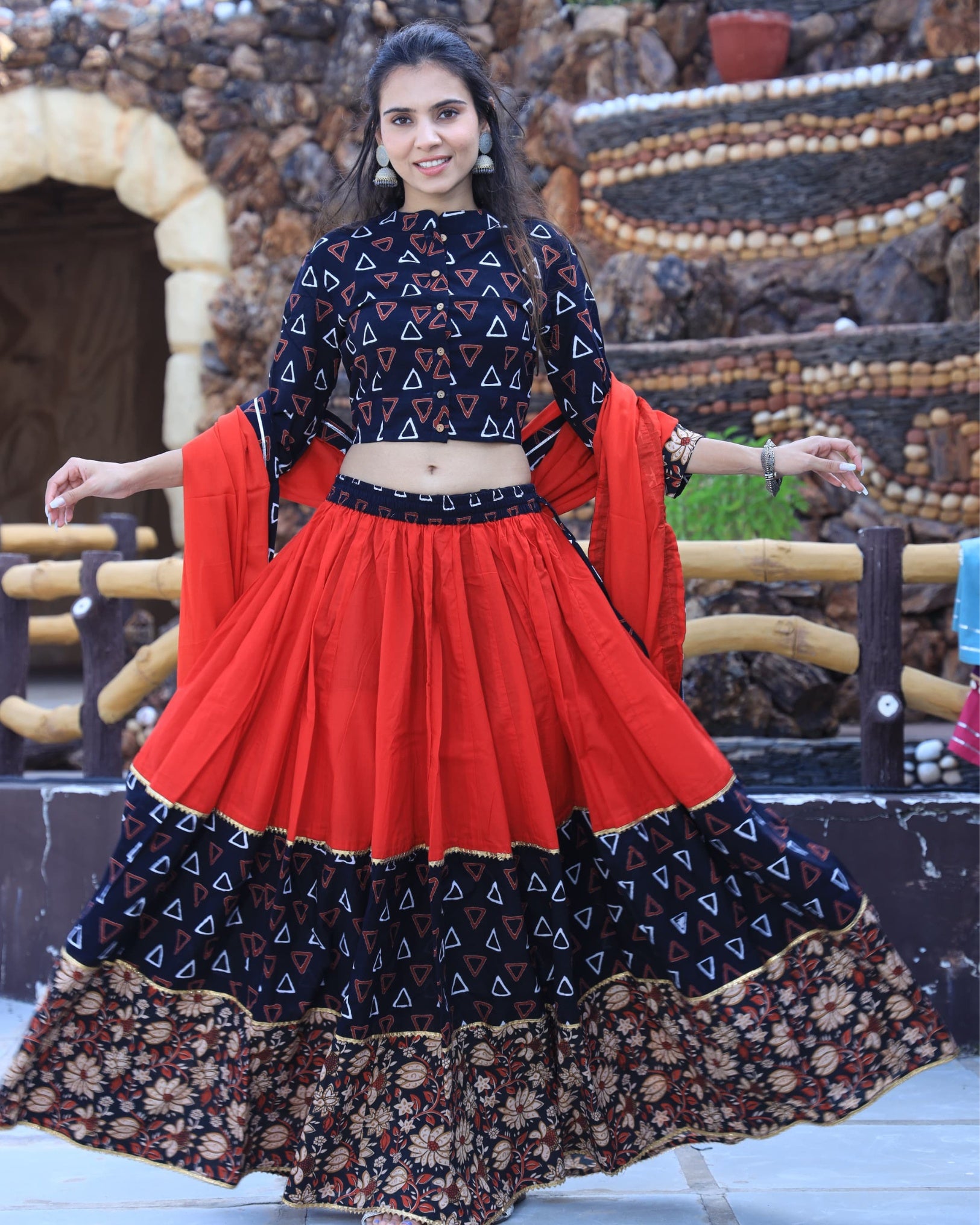 Ziyorah | Blockprinted Cotton Red & Black Lehanga Choli Set