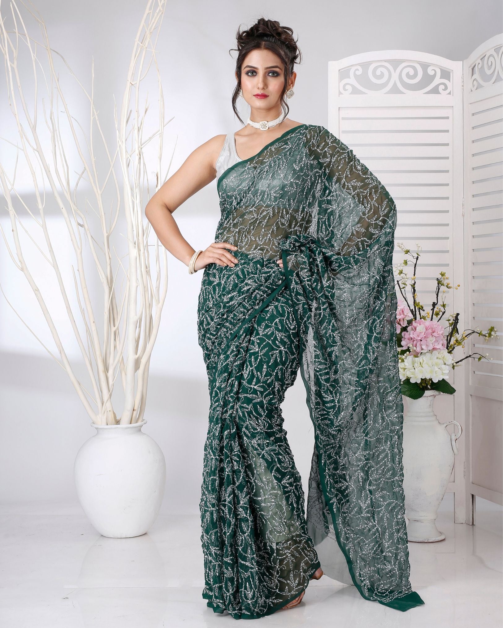 Ziyorah | Georgette Handcrafted Saree Dark Green Color Tepchi Work With Running Blouse