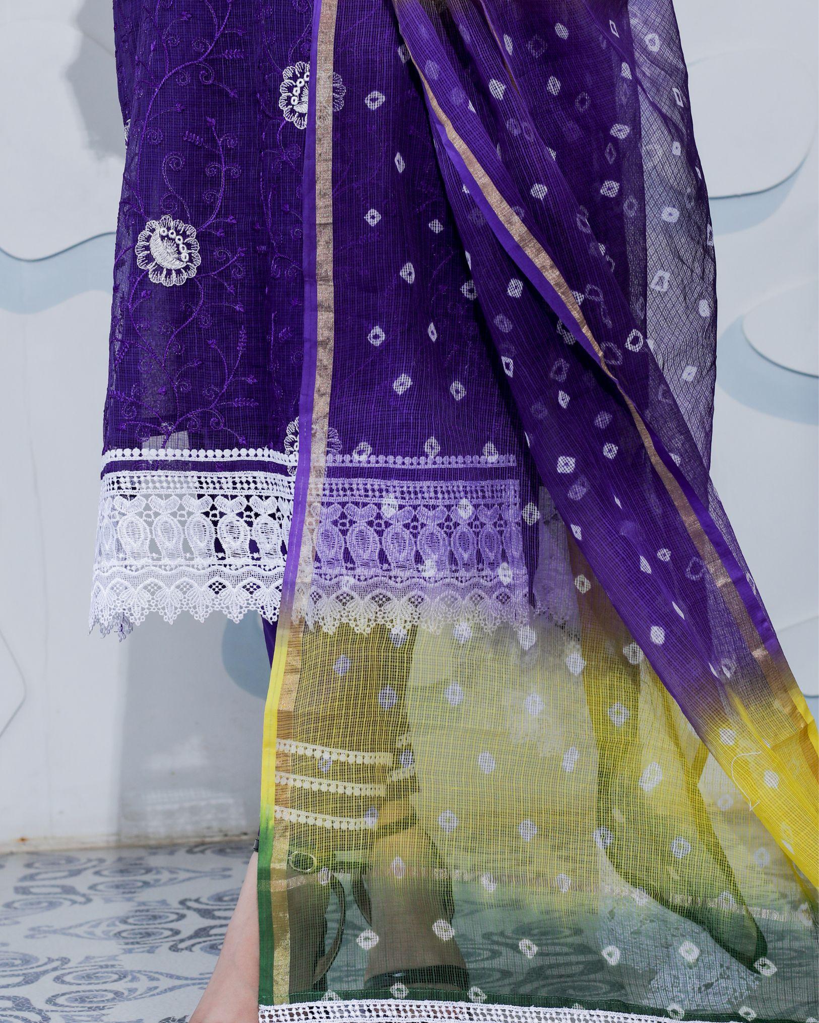 Ziyorah| Kota Doria Purple Suit Stitch Embroidery 3/4Th Sleeve