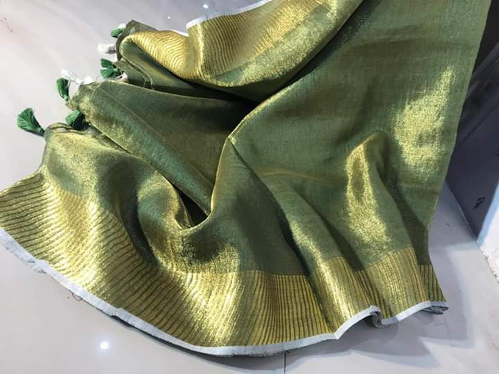 Ziyorah| Hand Dyed Pure Tissue Linen Saree Moss Green Color With Running Blouse