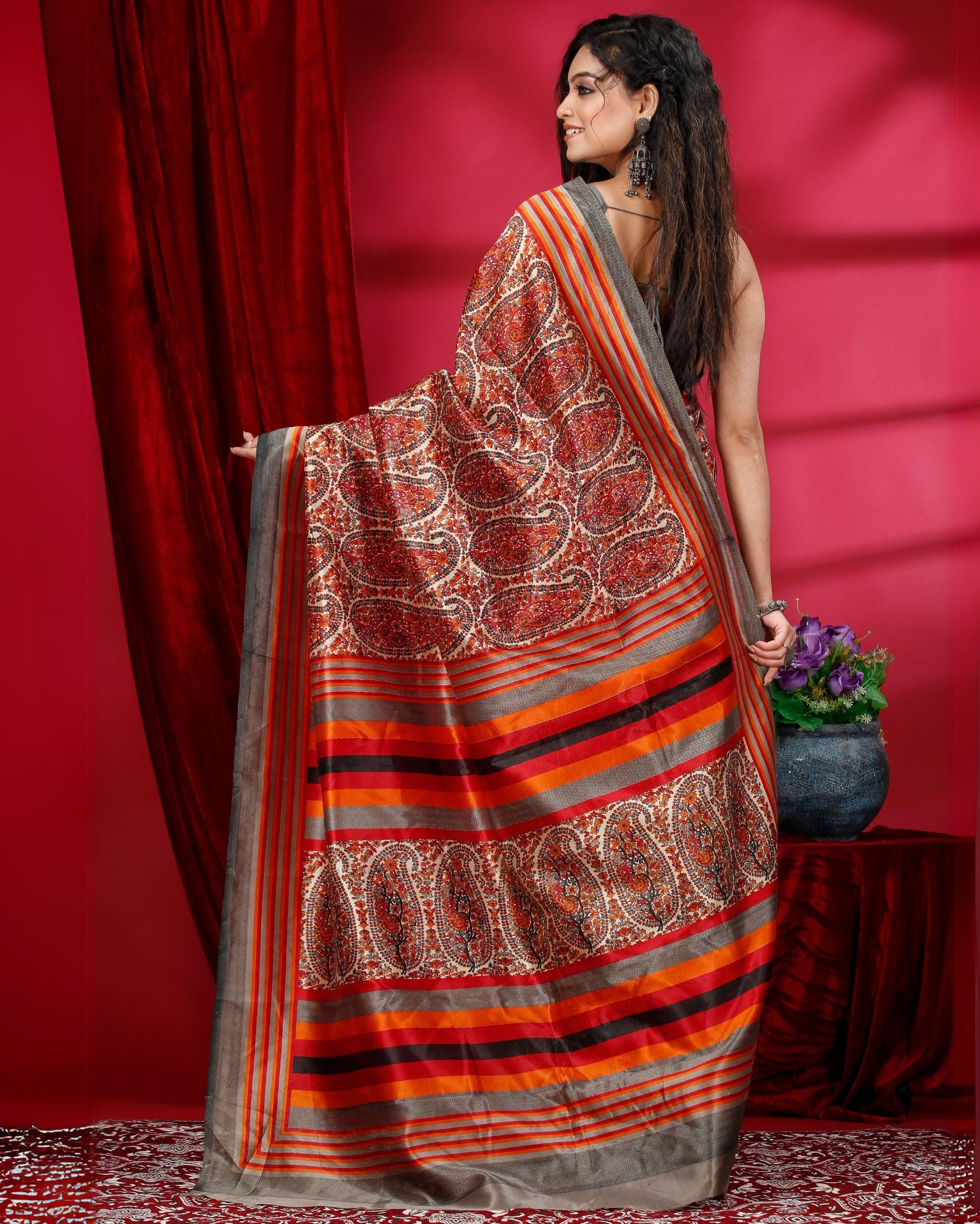 Ziyorah | Kashmiri Silk Printed Orange Saree