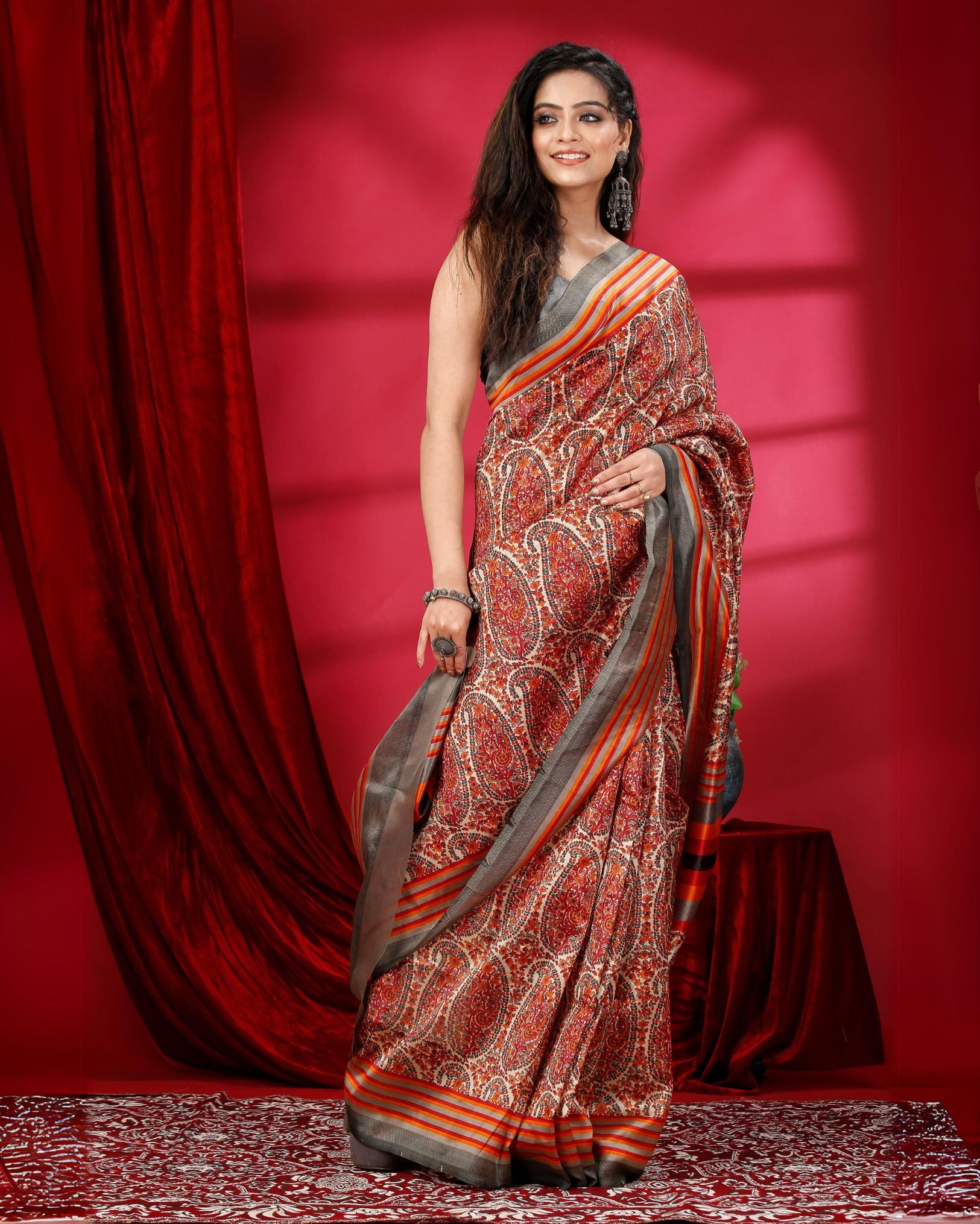 Ziyorah | Kashmiri Silk Printed Orange Saree