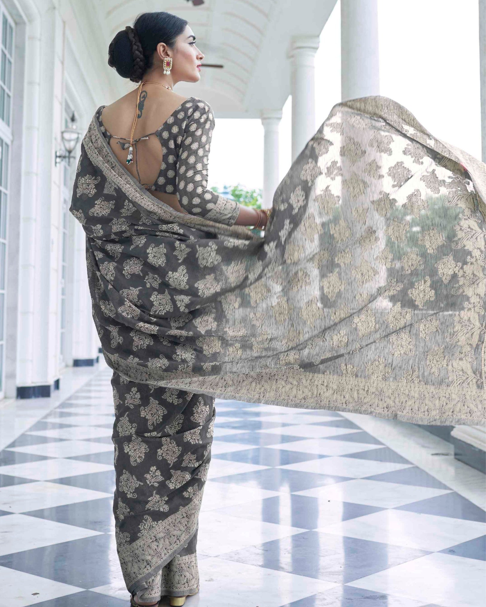 Ziyorah | Pure Silk Chikankari Weaving Gray Saree