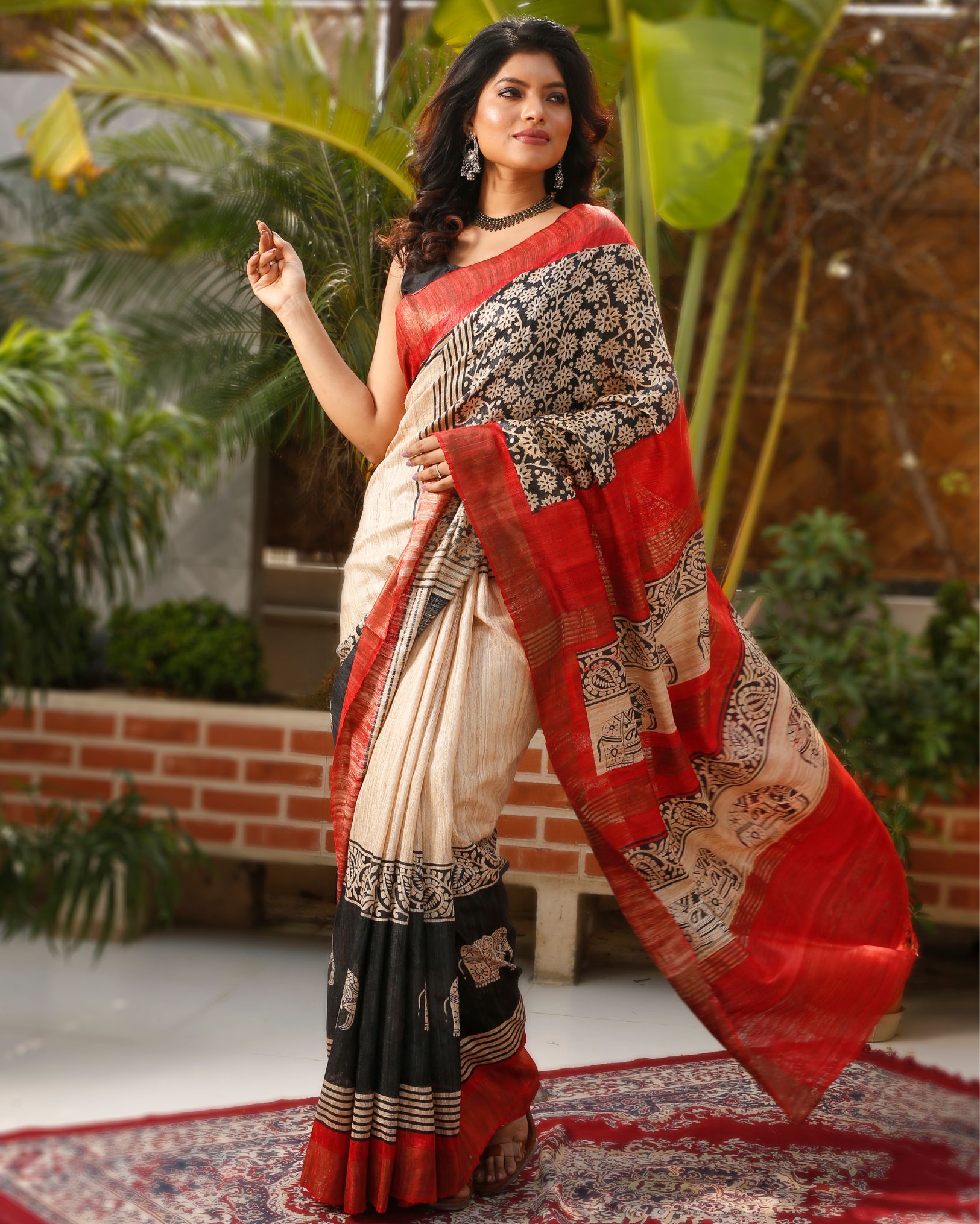 Ziyorah| Silkmark Certified Tussar Silk Saree Cream Color Handloom Handblock Printed With Blouse