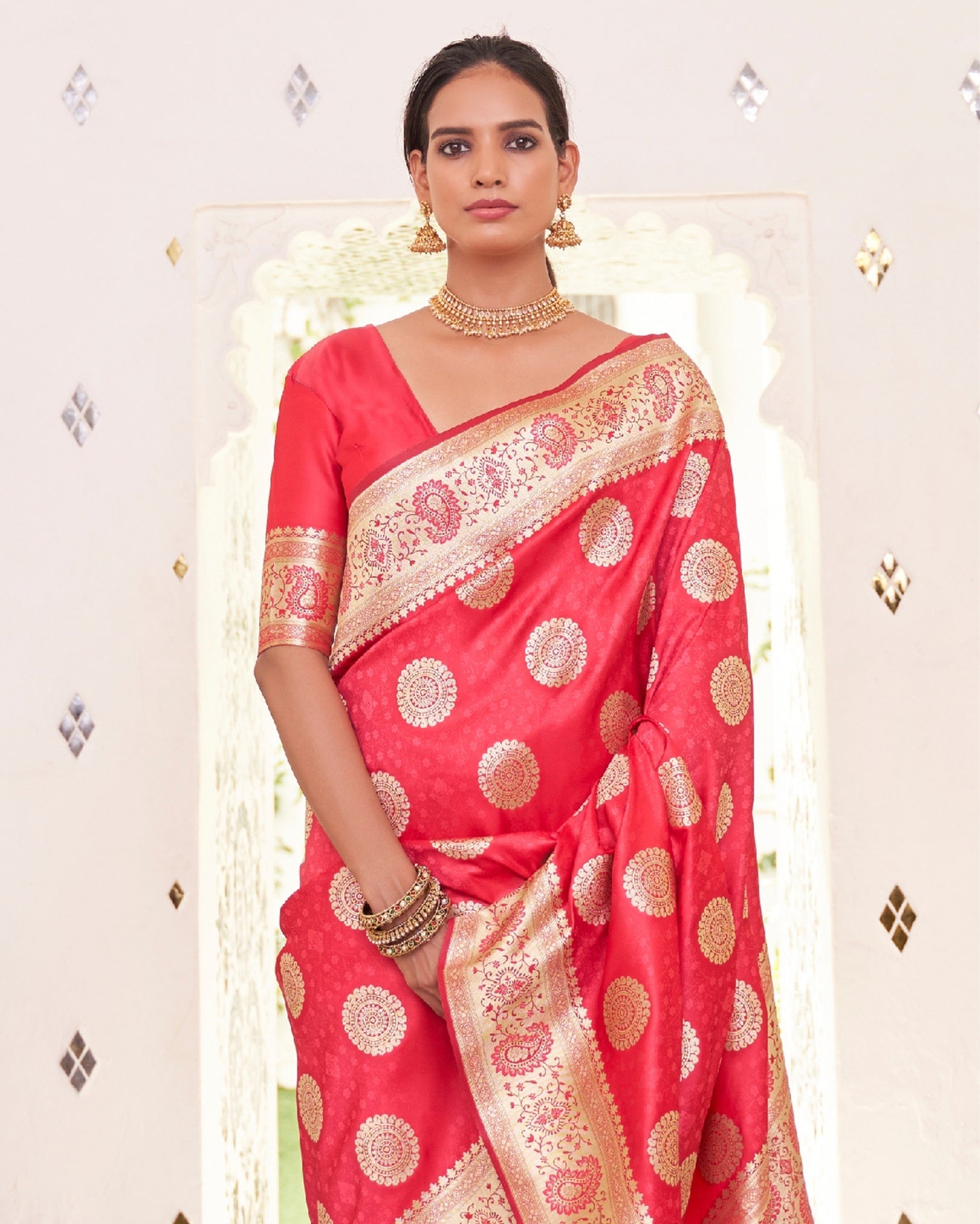 Ziyorah | Banarasi Silk Satin Weaving Red Saree