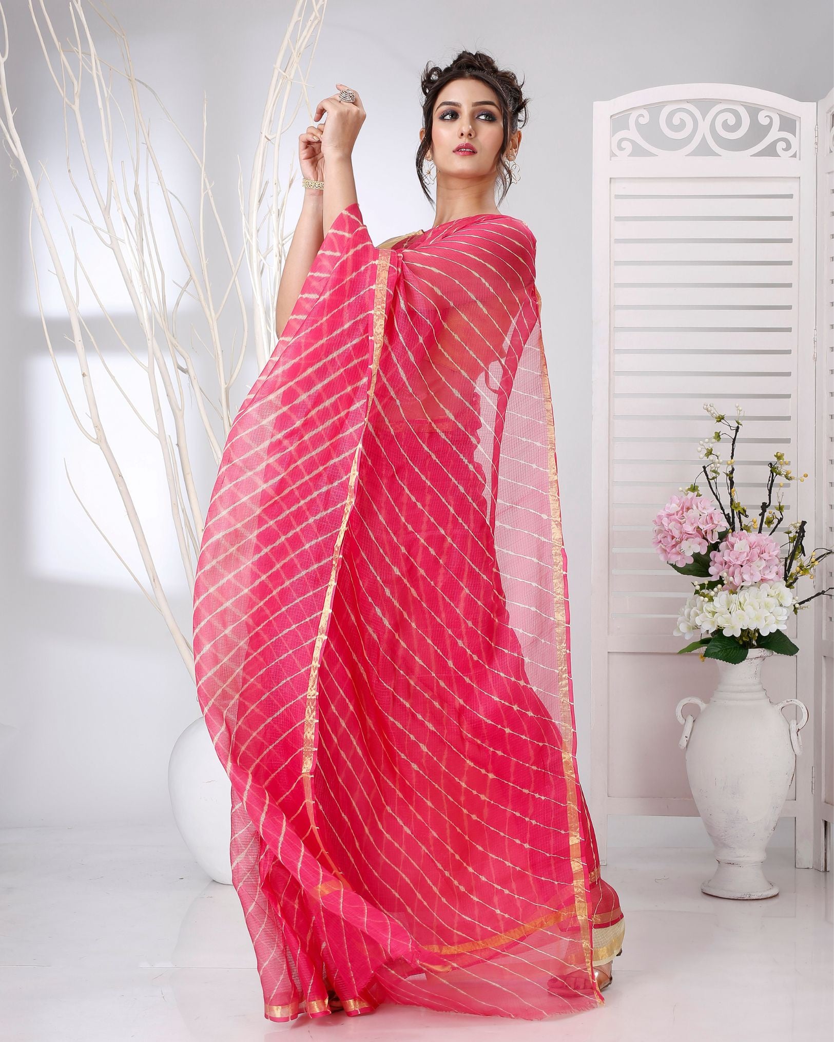 Ziyorah | Kota Silk Pink Leheriya Saree With Running Blouse