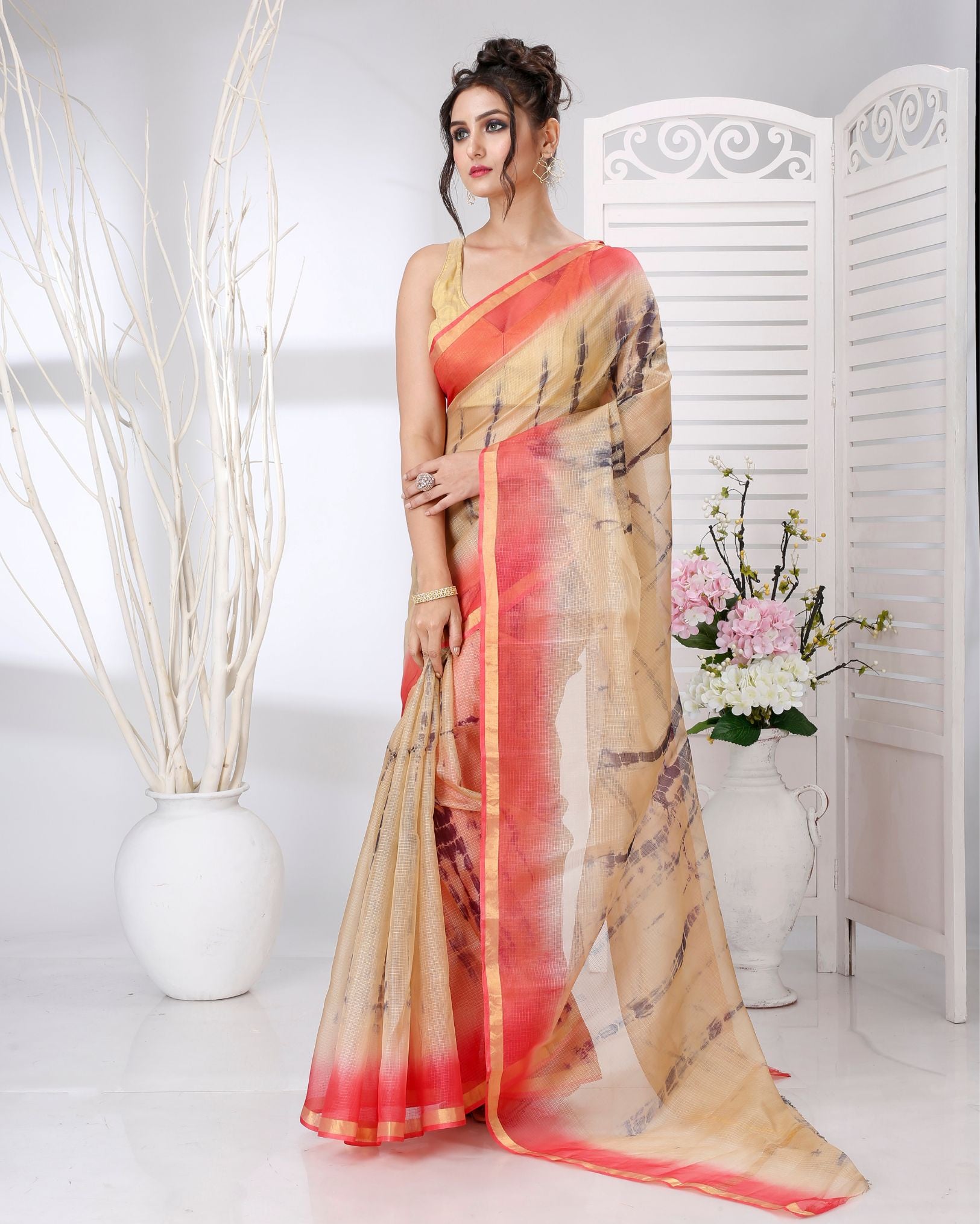 Ziyorah | Kota Doria Beige Saree Shibori Tye Dye With Running Blouse