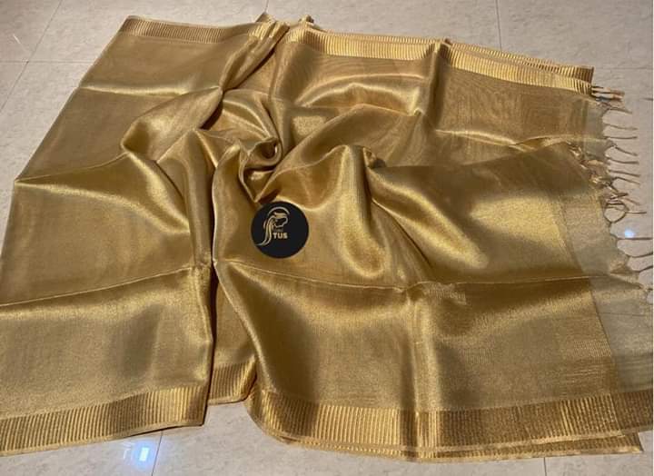 Ziyorah| Hand Dyed Pure Tissue Linen Golden Color Saree With Running Blouse