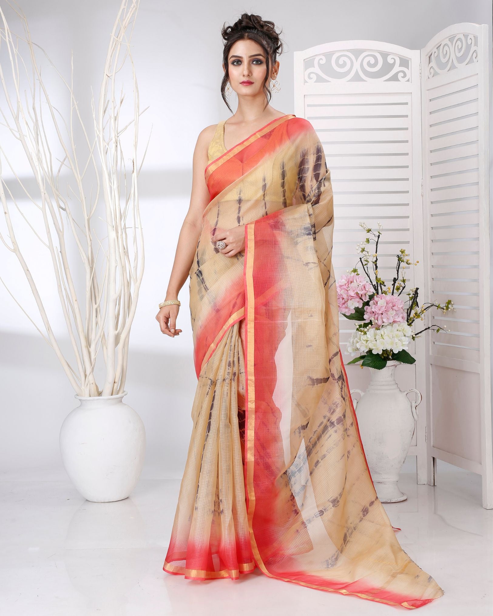 Ziyorah | Kota Doria Beige Saree Shibori Tye Dye With Running Blouse