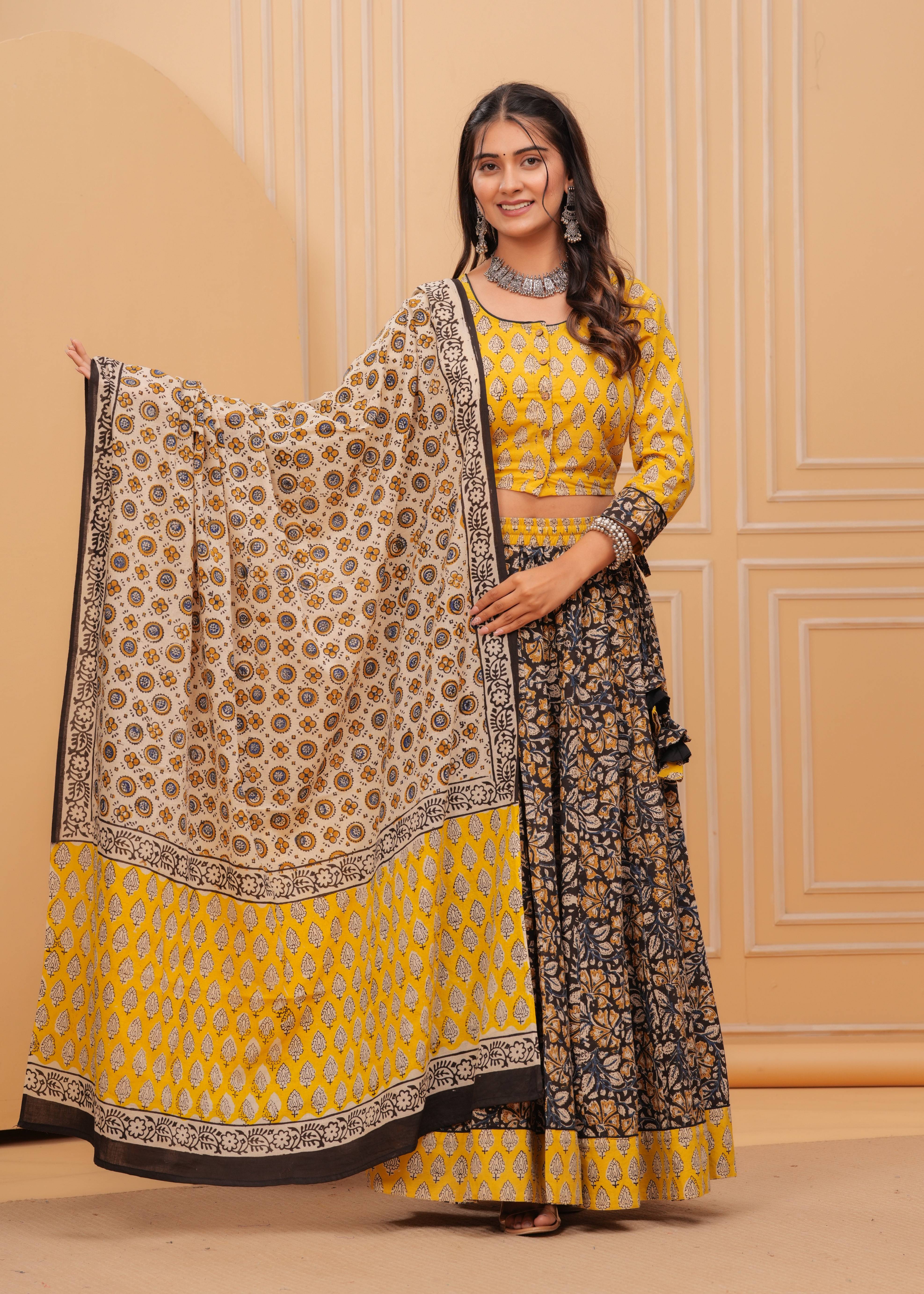 Ziyorah | Blockprinted Black & Yellow Lehanga Choli Set